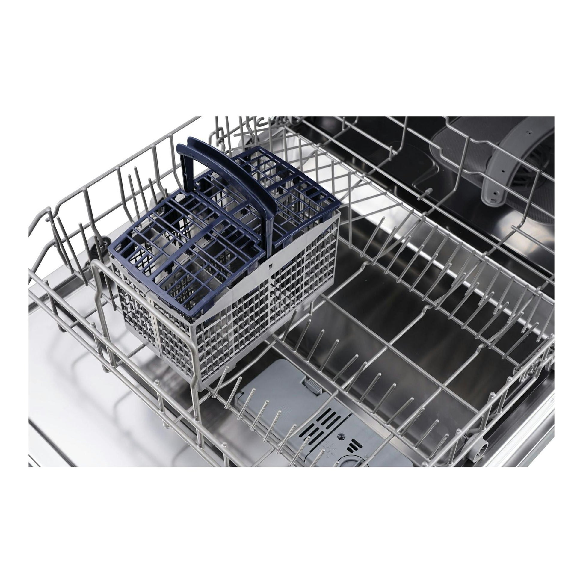 Interior de lavavajillas Fagor 3LVF-625X en acero inox, con cesto para cubiertos y cestas abiertas.