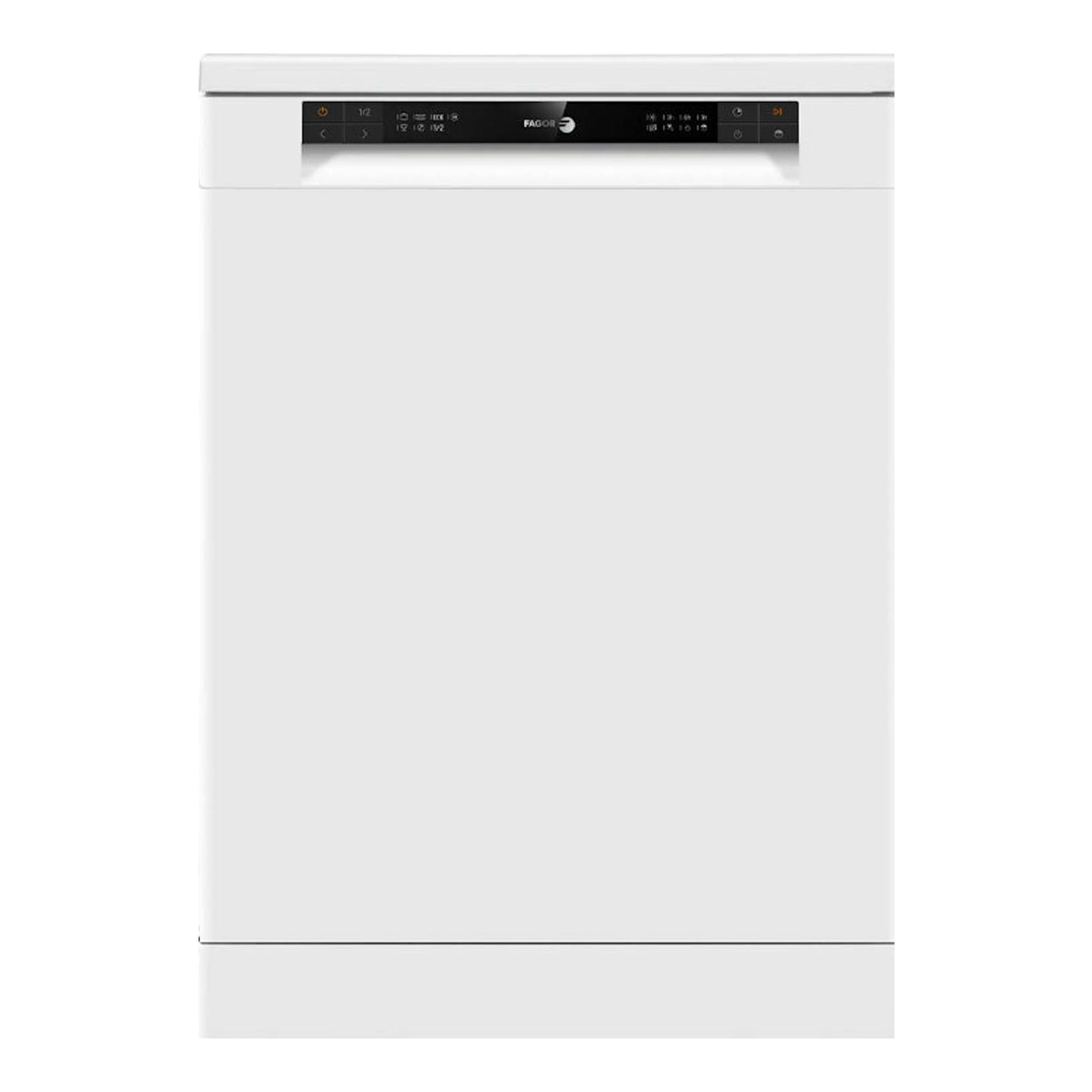 Lavavajillas Fagor 3LVF620M blanco, vista frontal, panel negro superior.