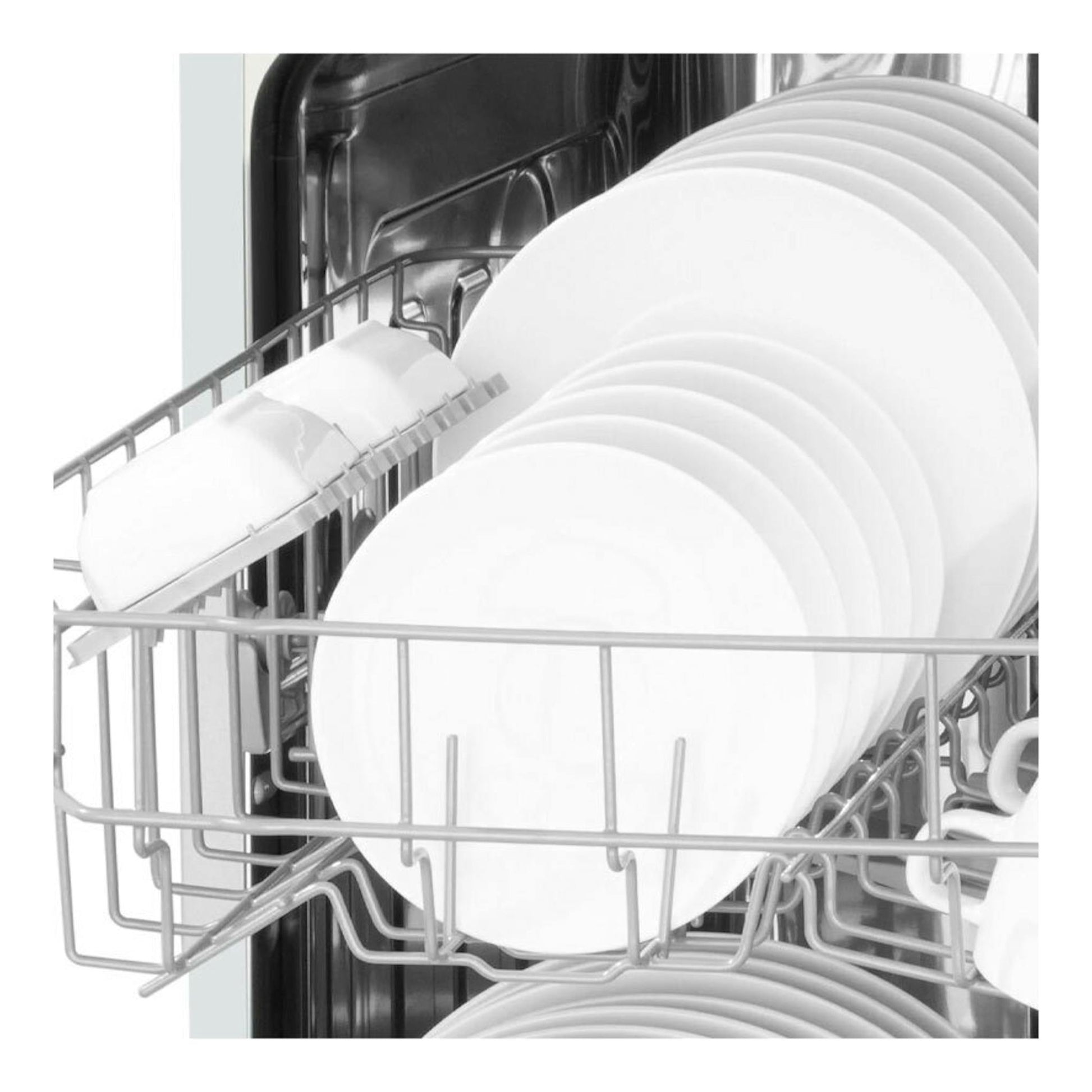 Lavavajillas Fagor 3LVF620M de 60 cm, interior abierto con cesta llena de platos blancos.
