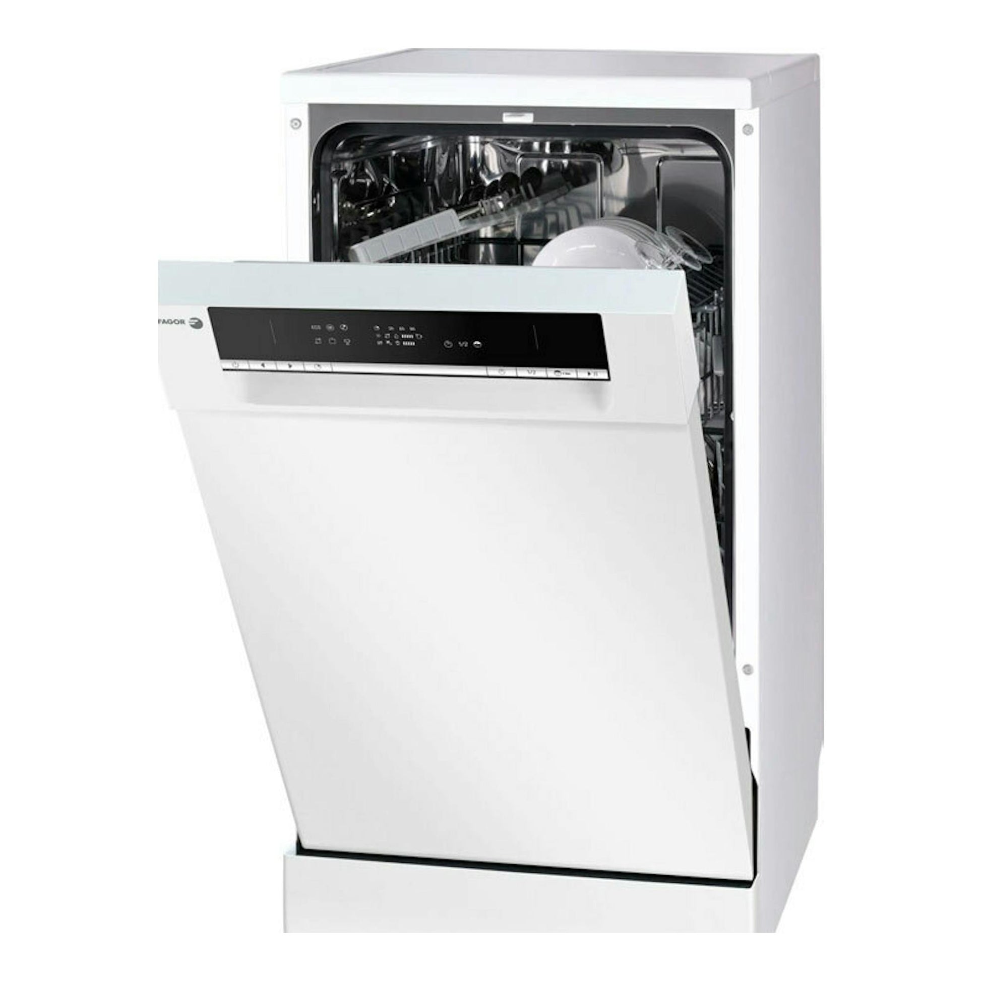 Lavavajillas Fagor 4LVF-421 blanco, vista frontal con la puerta abierta.