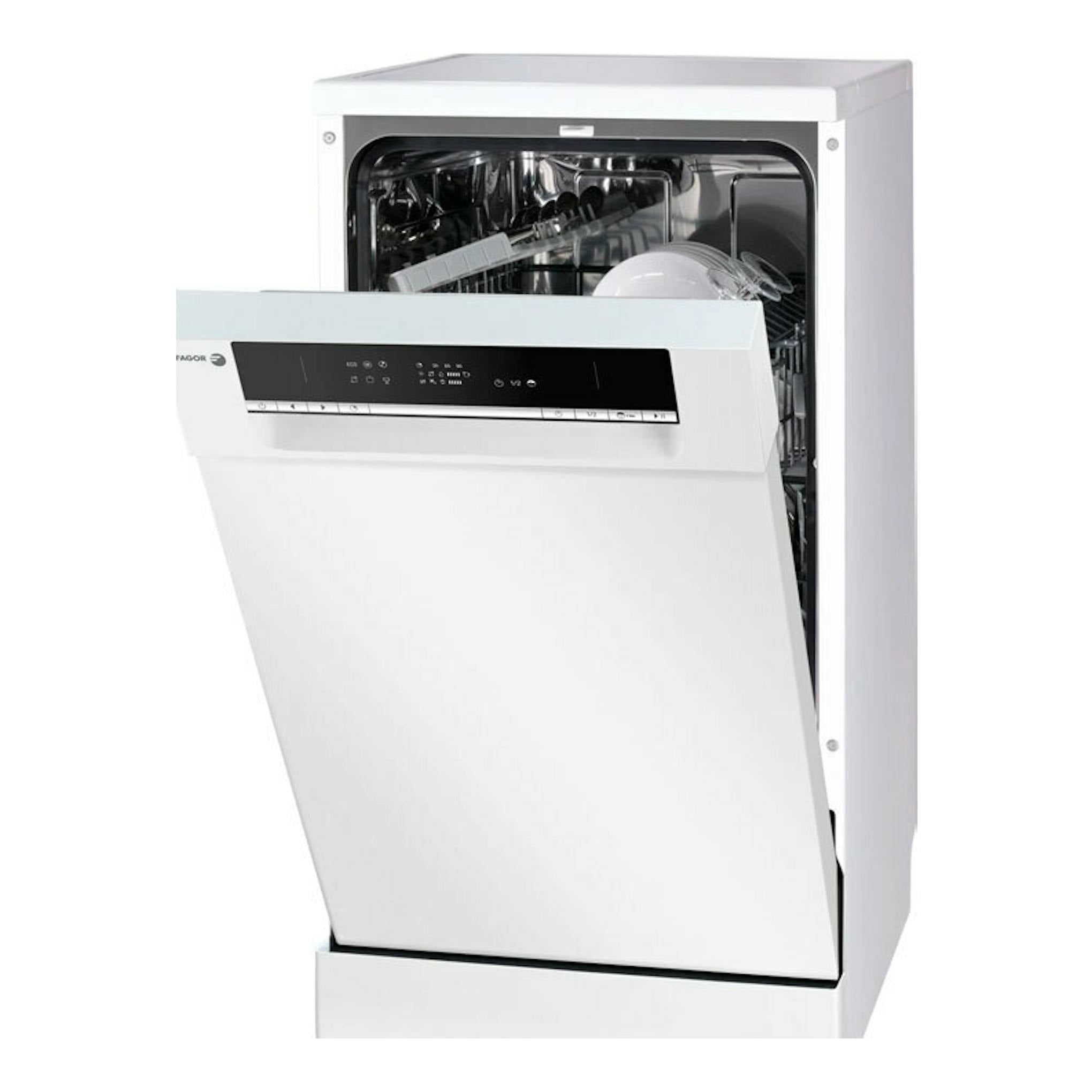 Lavavajillas Fagor 4LVF-421 blanco, vista frontal con la puerta abierta.