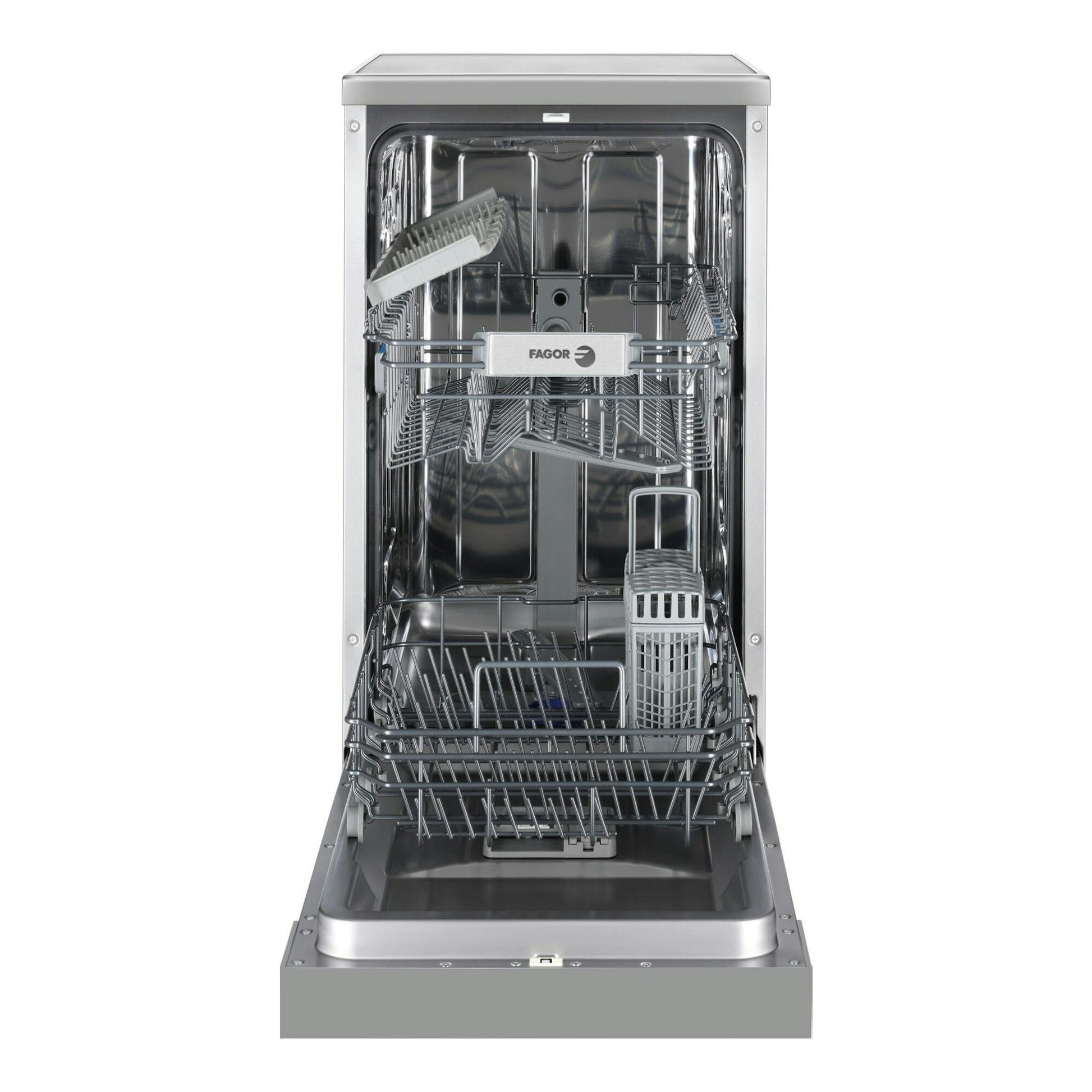 Lavavajillas Fagor 4LVF-423ADX abierto, vista frontal, acabado inox, con cestas interiores visibles.