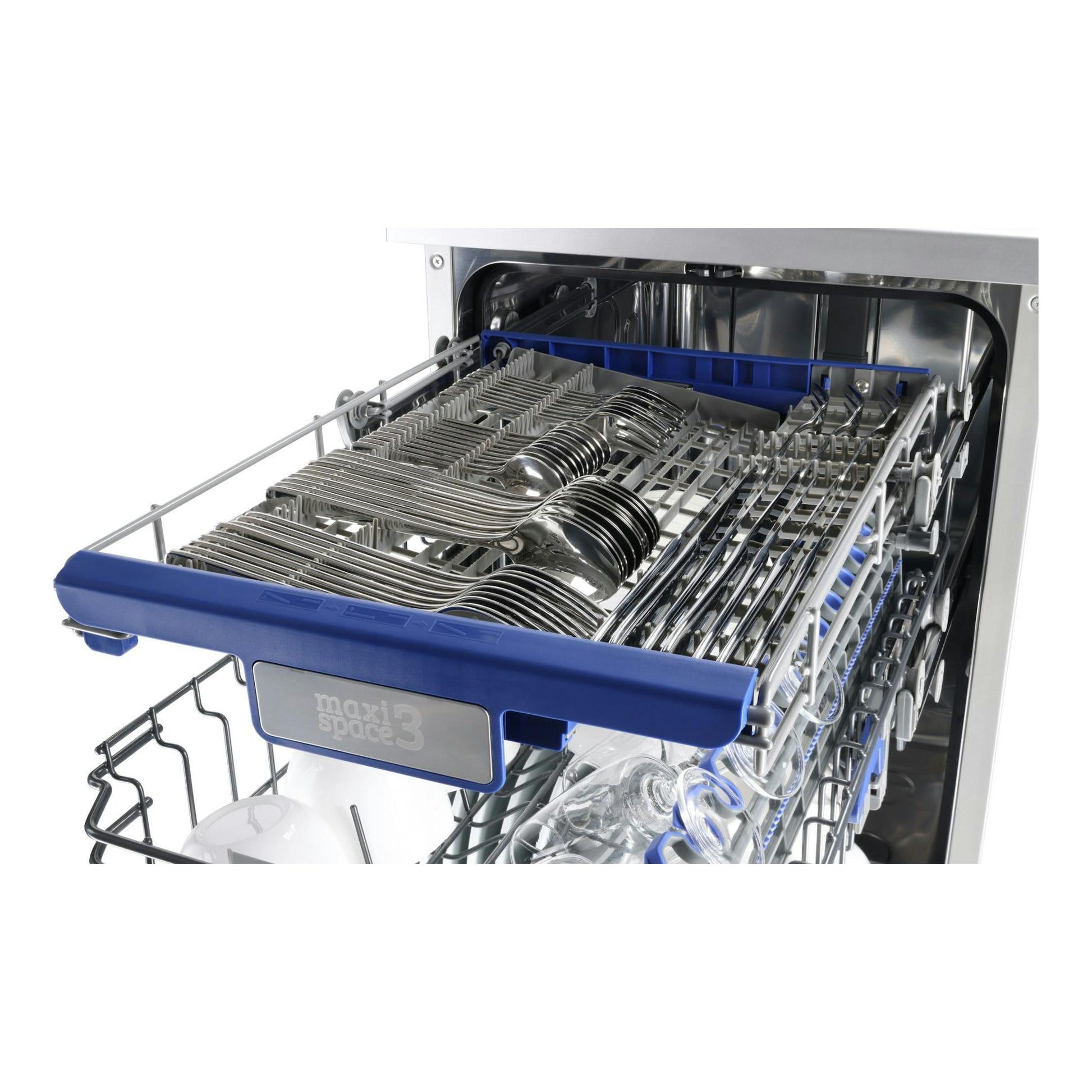 Lavavajillas Fagor 4LVF-436ADX, vista frontal abierta, interior inox con cestas azules y cubertería.