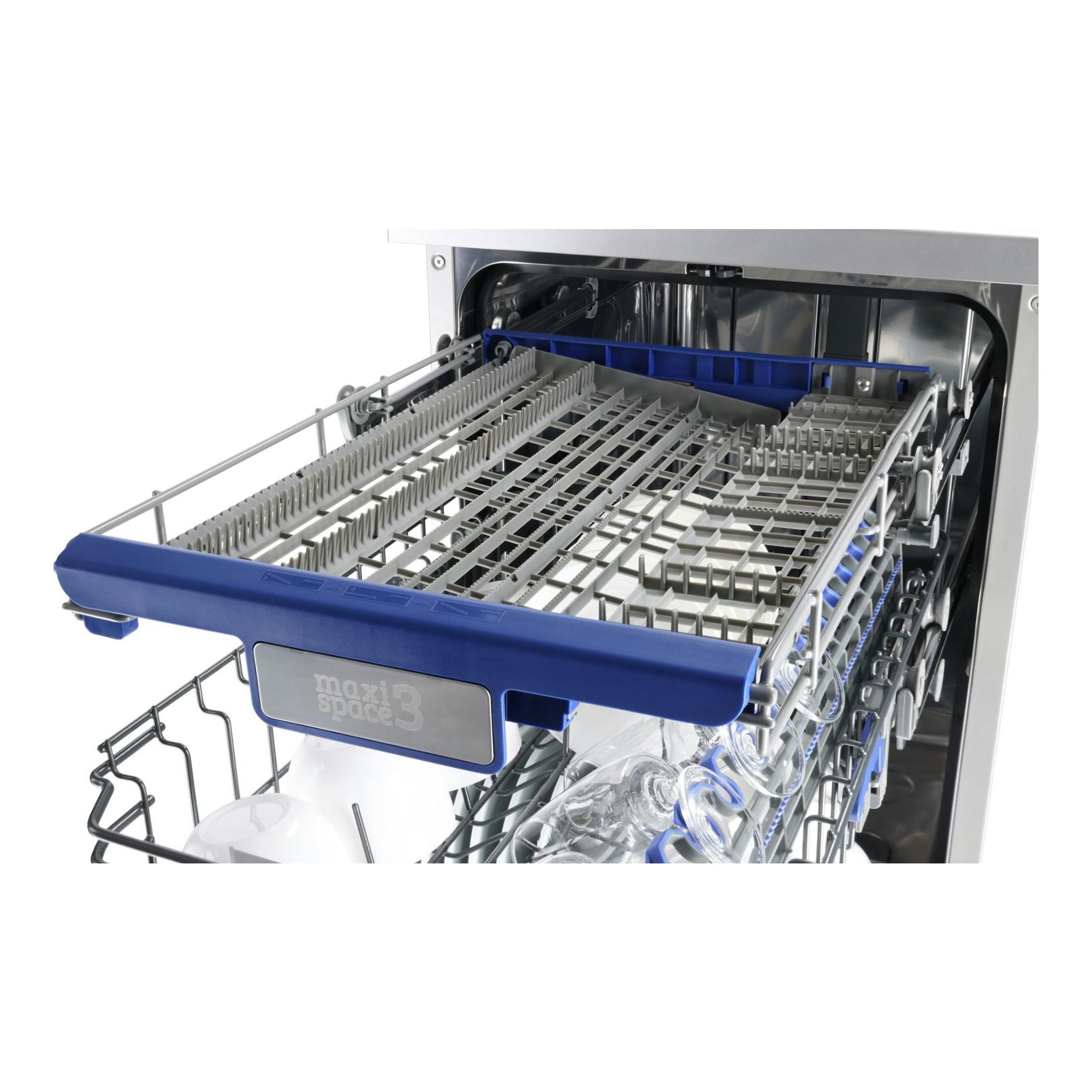 Lavavajillas Fagor 4LVF-436ADX de acero inoxidable, con cesta interior extraída y rejilla azul.