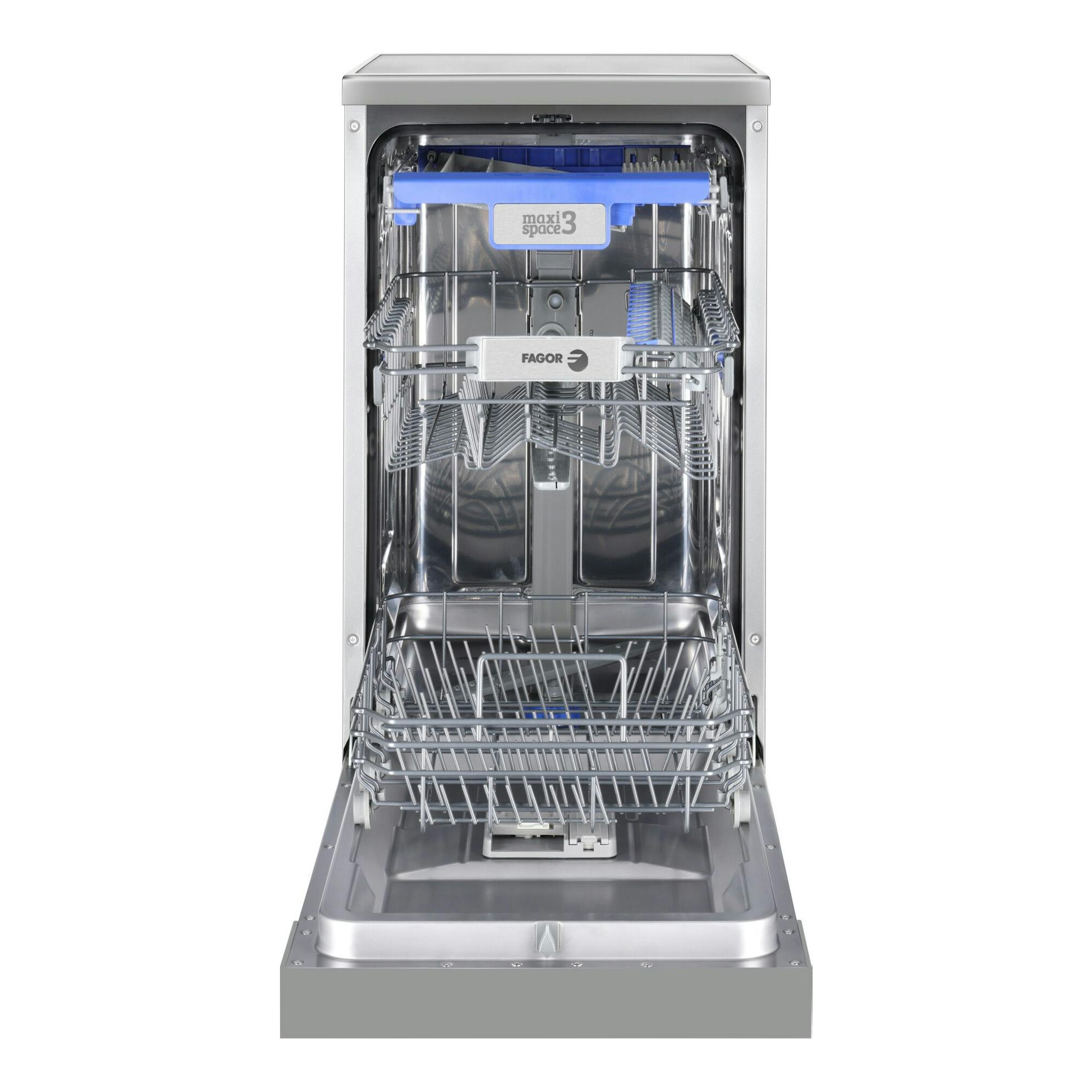 Lavavajillas Fagor 4LVF-437ADX inox, de libre instalación, con puerta abierta y cestas interiores visibles.