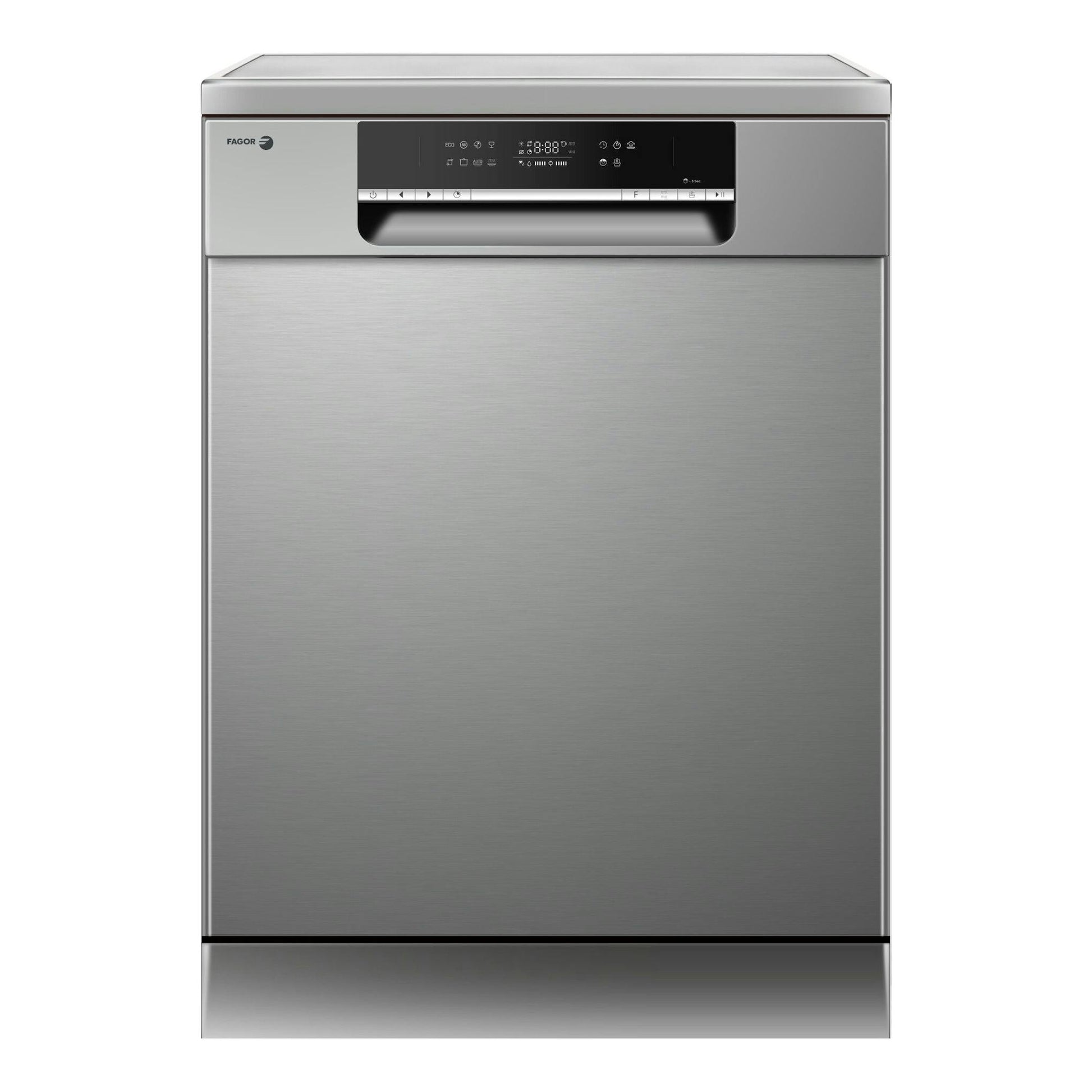 Lavavajillas Fagor 4LVF-623ADX de acero inoxidable, vista frontal con panel de control superior.