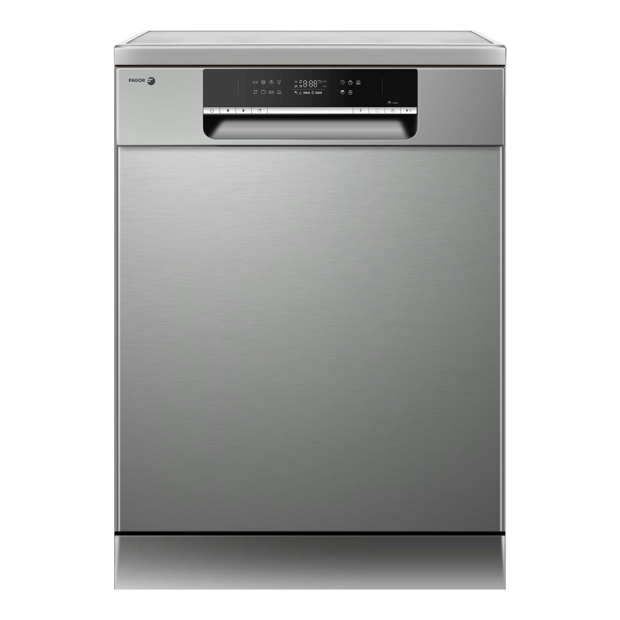 Lavavajillas Fagor 4LVF-623ADX de acero inoxidable, vista frontal con panel de control superior.