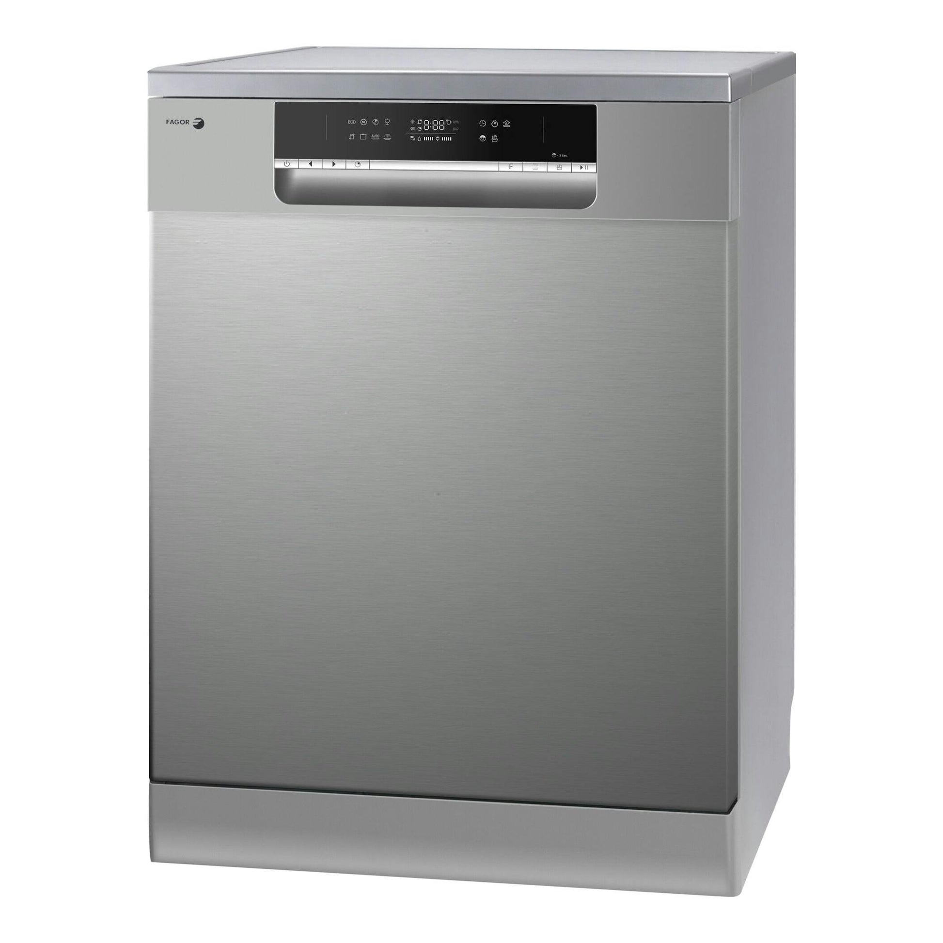 Lavavajillas Fagor 4LVF-623ADX de acero inoxidable, vista frontal con panel de control negro superior.
