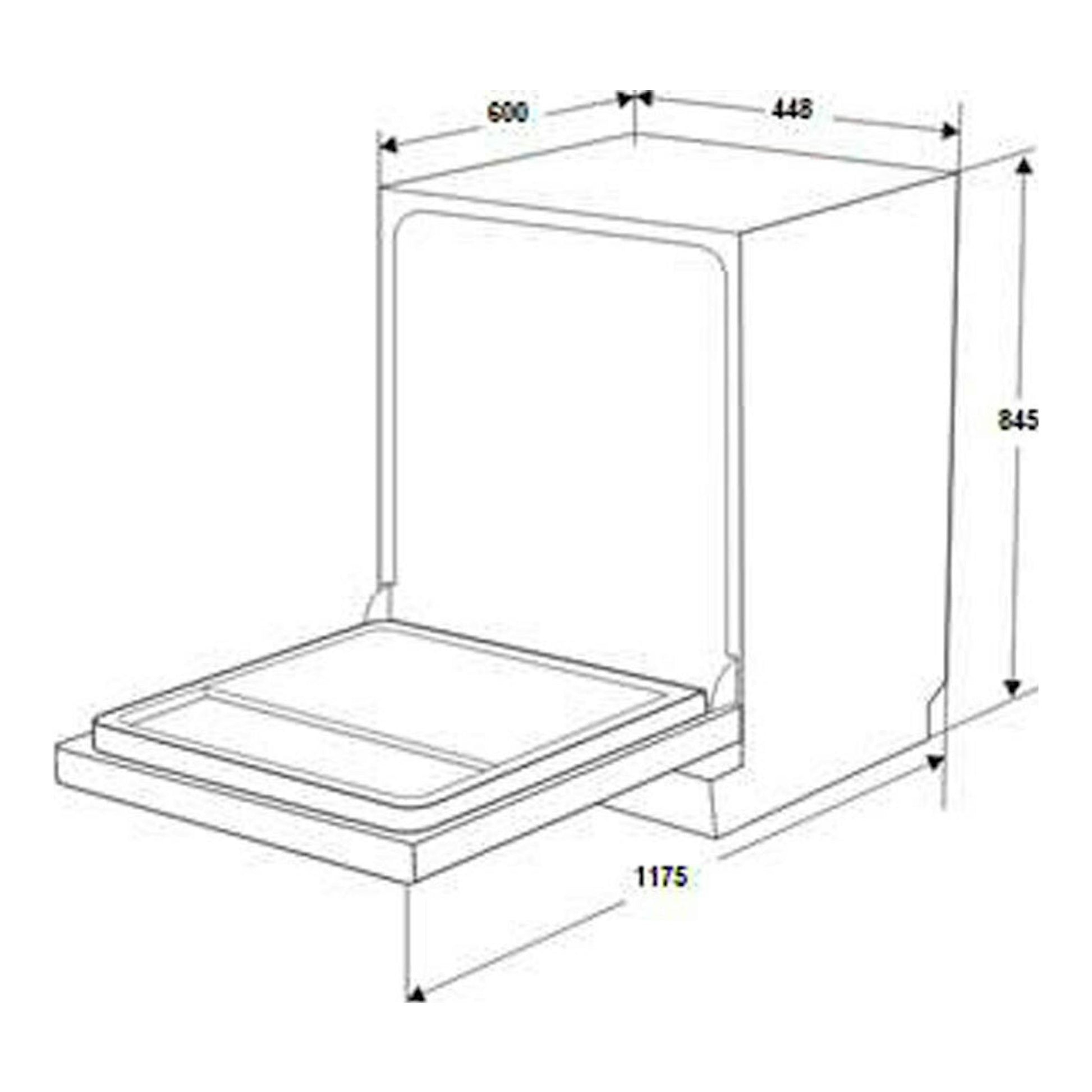 Lavavajillas Fagor 4LVF435AD, dibujo técnico en blanco con puerta abatida y medidas 600x448x845 mm.