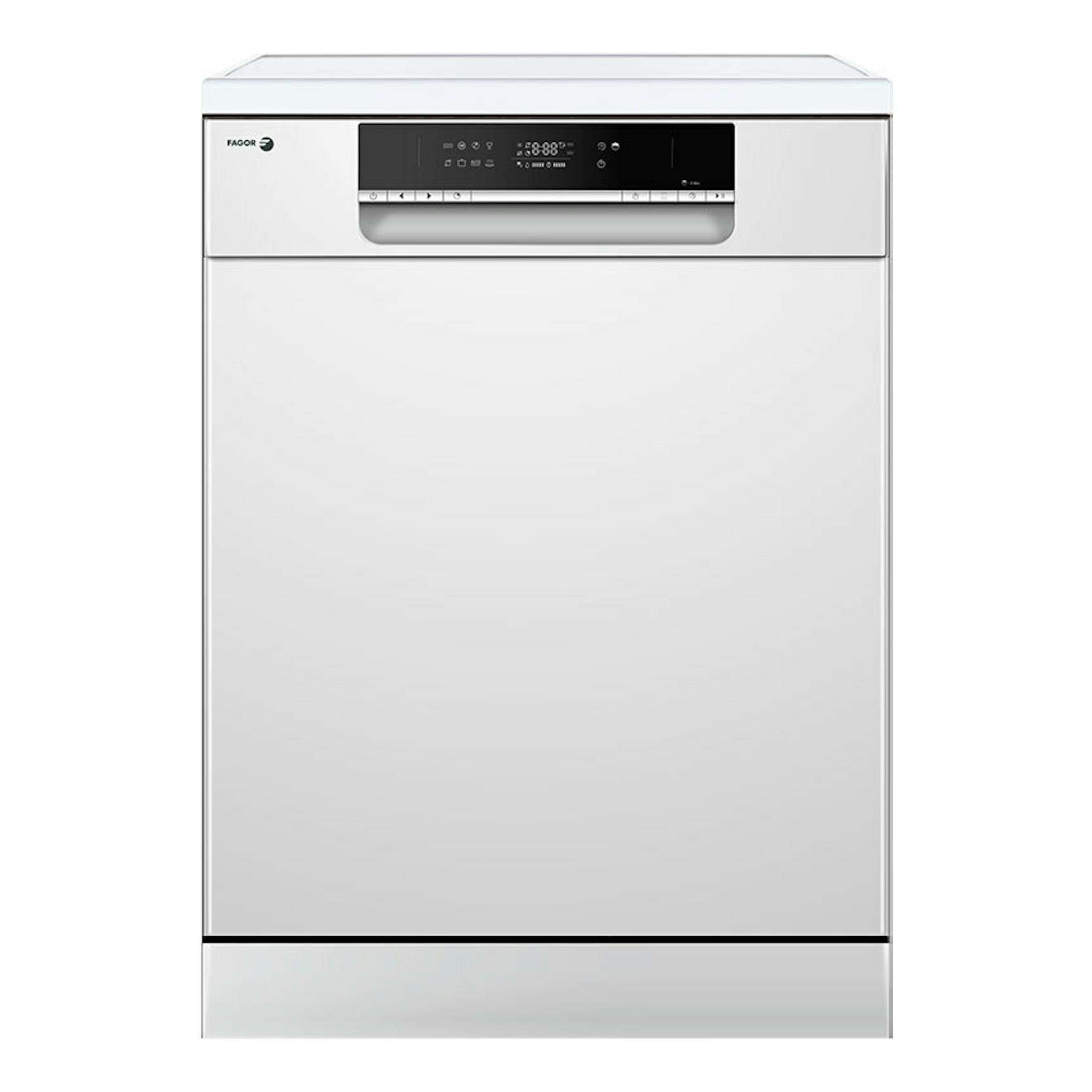 Lavavajillas Fagor 4LVF635 de 60 cm, vista frontal, color blanco, con panel de control negro superior.