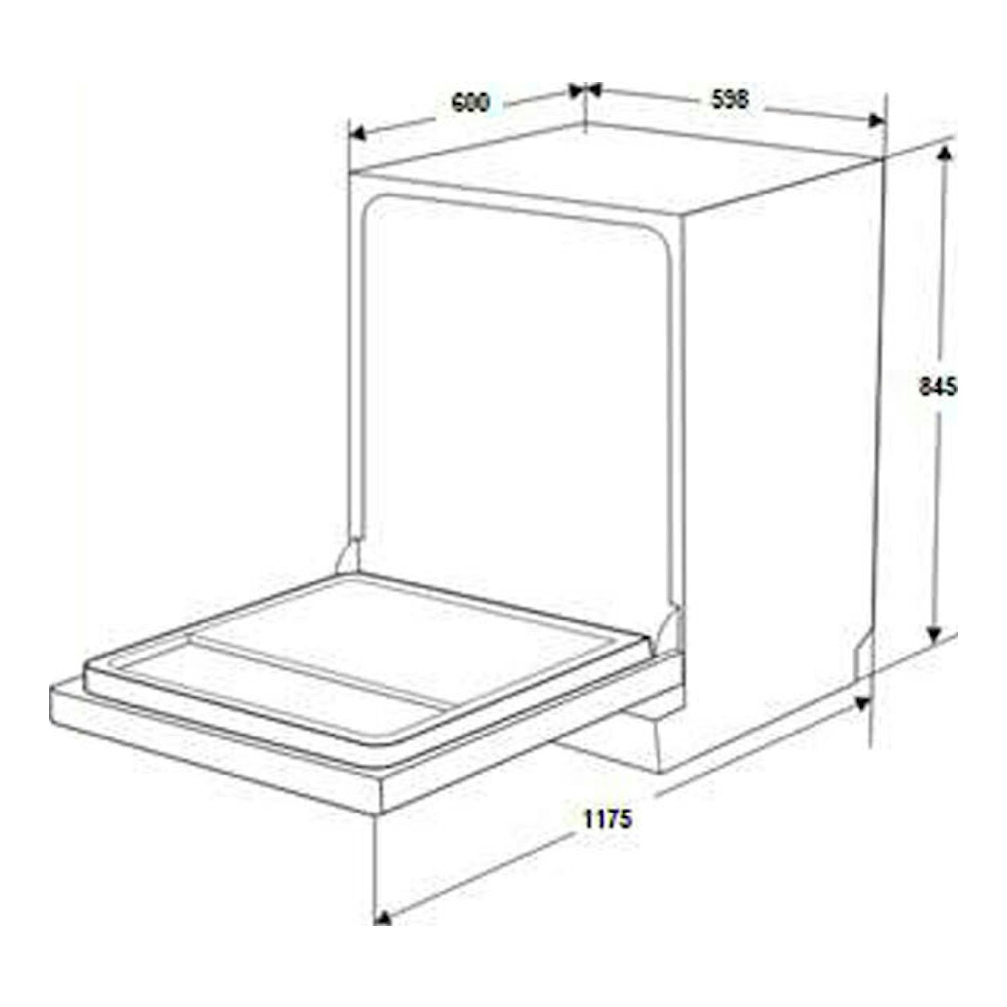 Lavavajillas Fagor 4LVF635AD, dibujo técnico en blanco y negro con puerta abierta y medidas 600×598×845 mm.