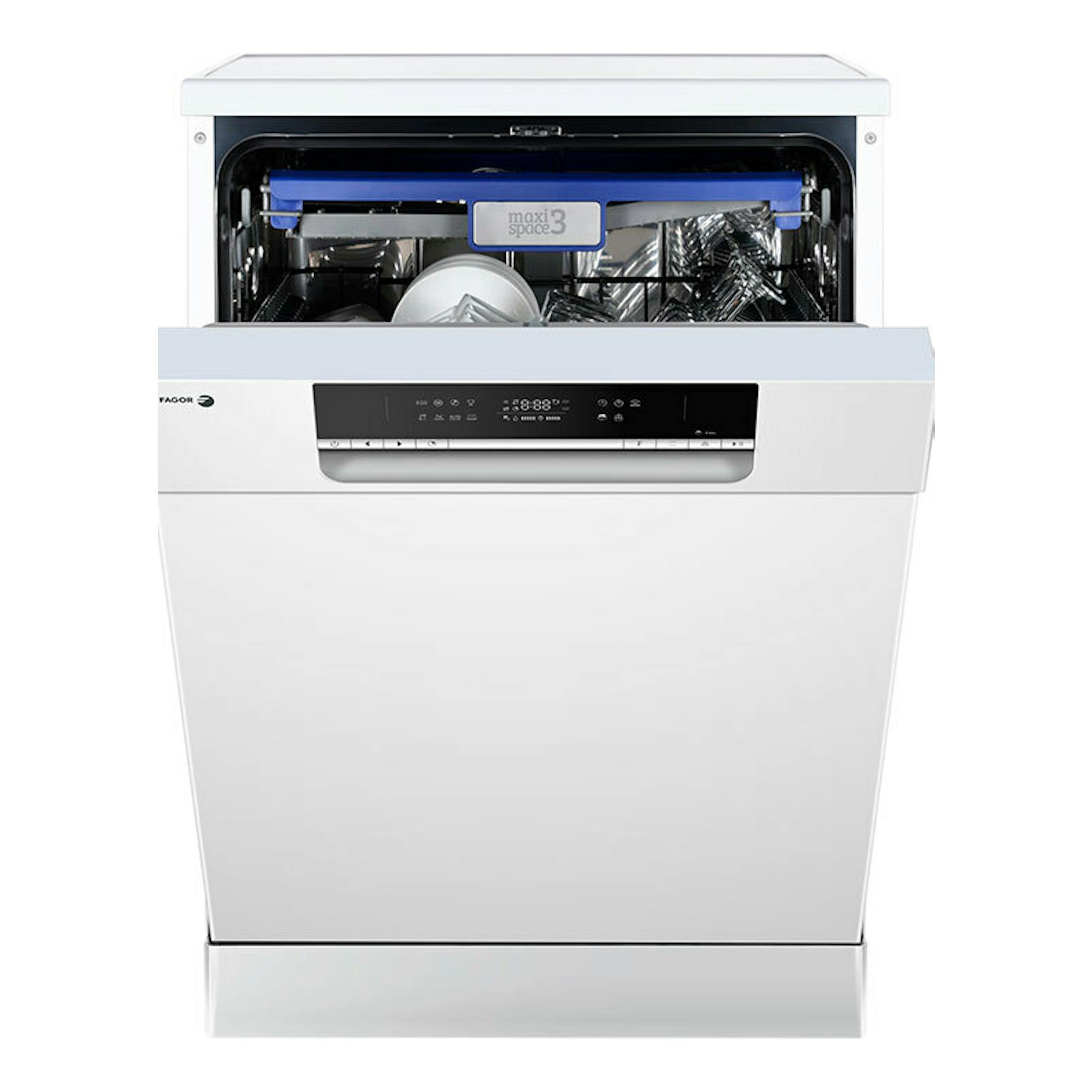 Lavavajillas Fagor 4LVF635AD blanco, vista frontal con puerta abierta y panel de control negro.