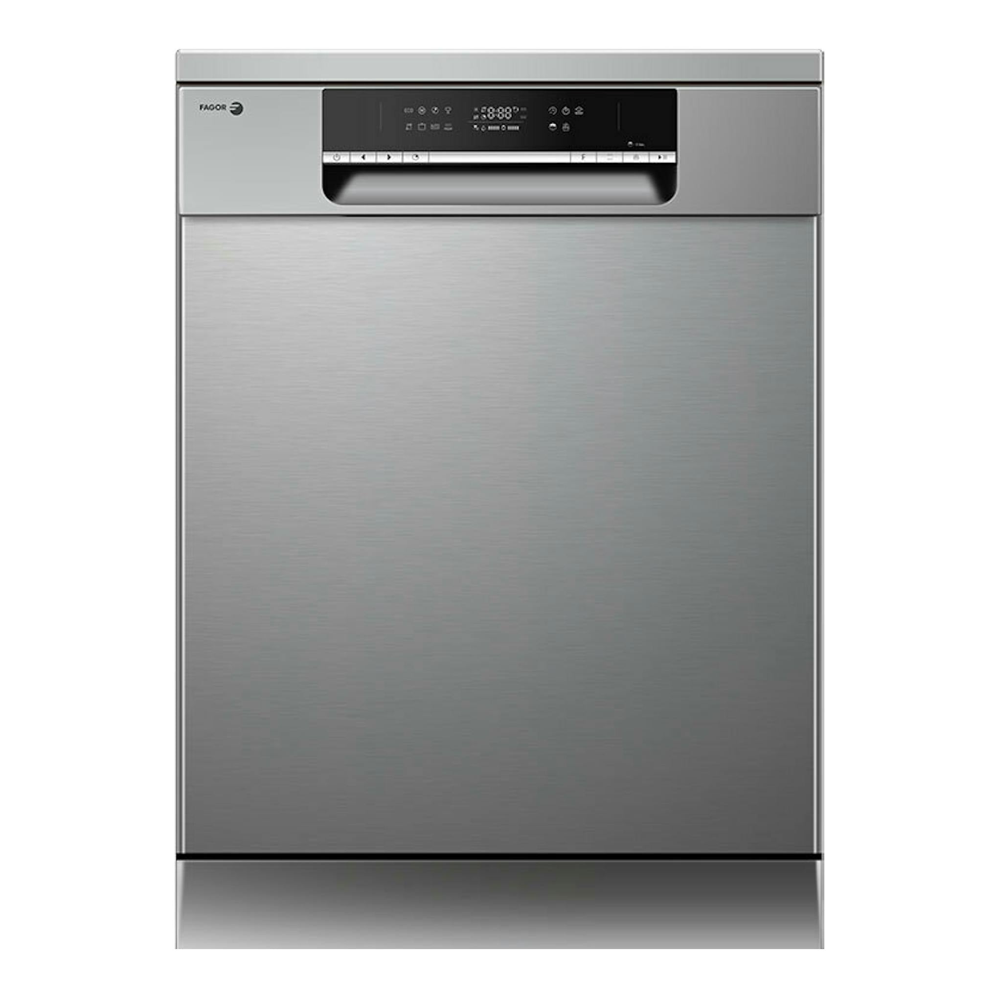 Lavavajillas Fagor 4LVF635ADX de 60 cm, frontal en acero inoxidable con panel de control negro superior.