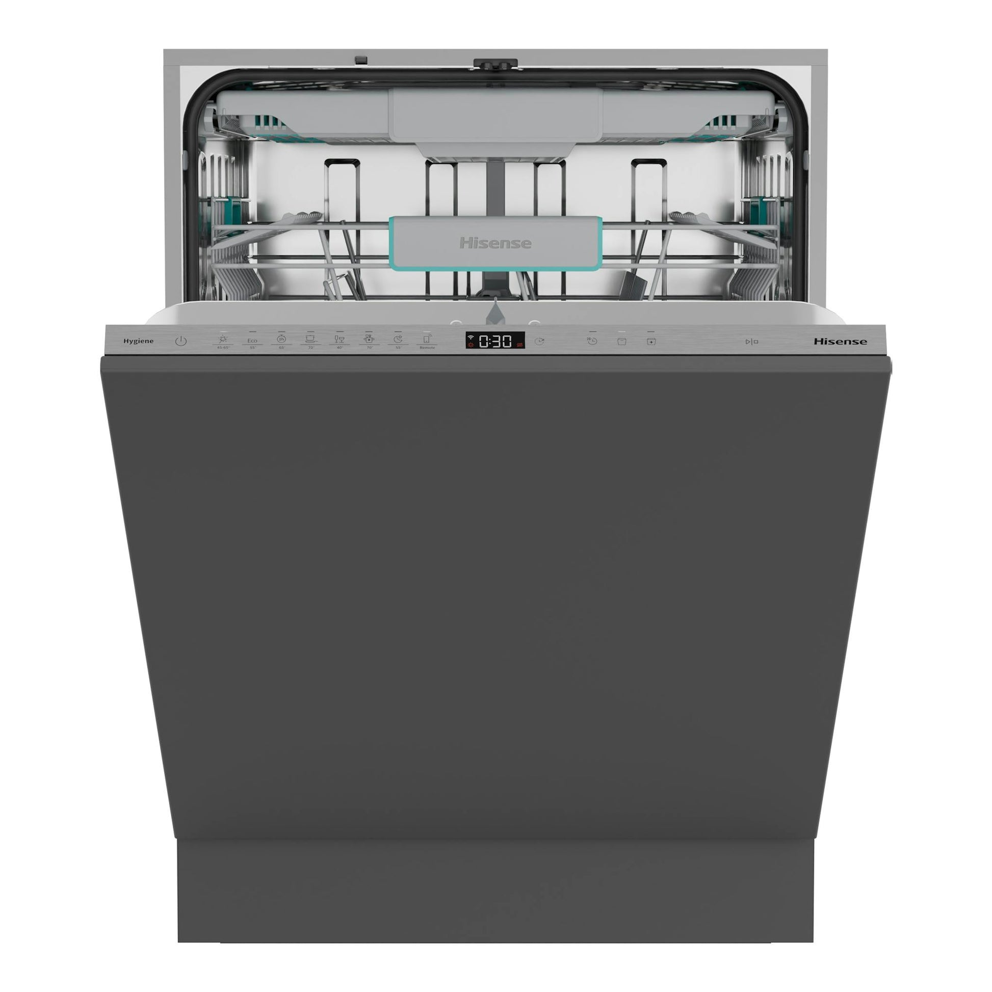 Lavavajillas Hisense HFI5A6360H empotrado, vista frontal, puerta abierta, panel gris e interior metálico.