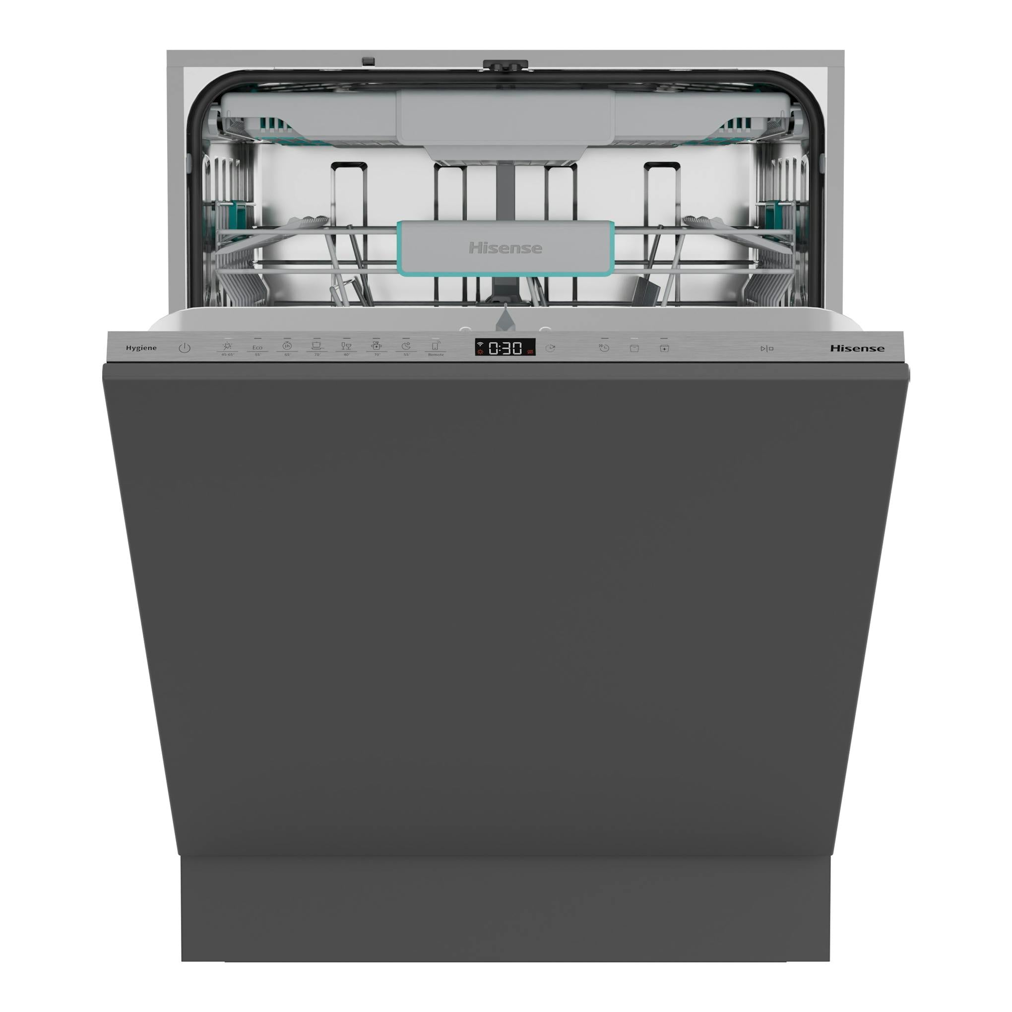 Lavavajillas Hisense HFI5A6360H empotrado, vista frontal, puerta abierta, panel gris e interior metálico.