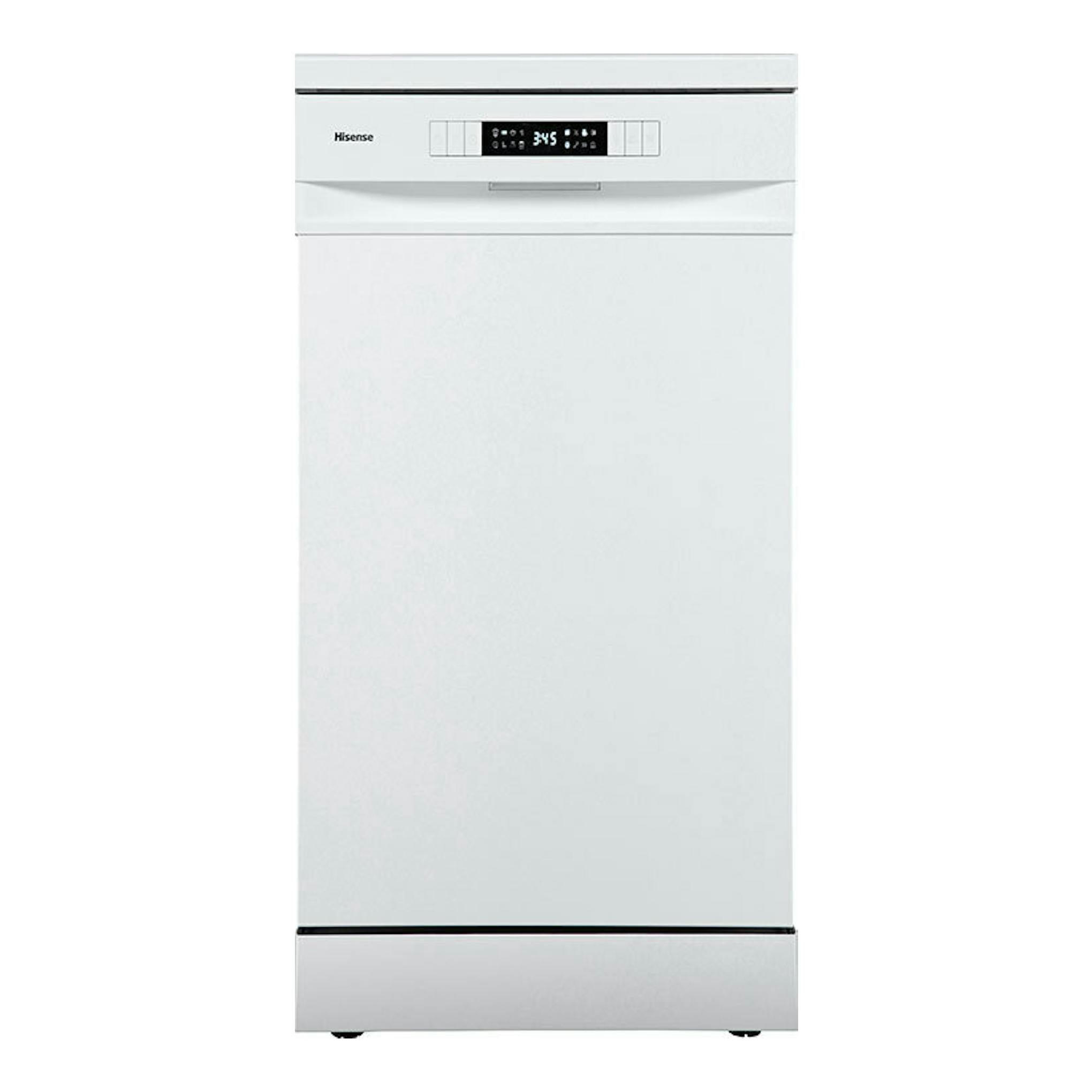 Lavavajillas Hisense HS522E10W blanco, vista frontal, con panel de control superior.