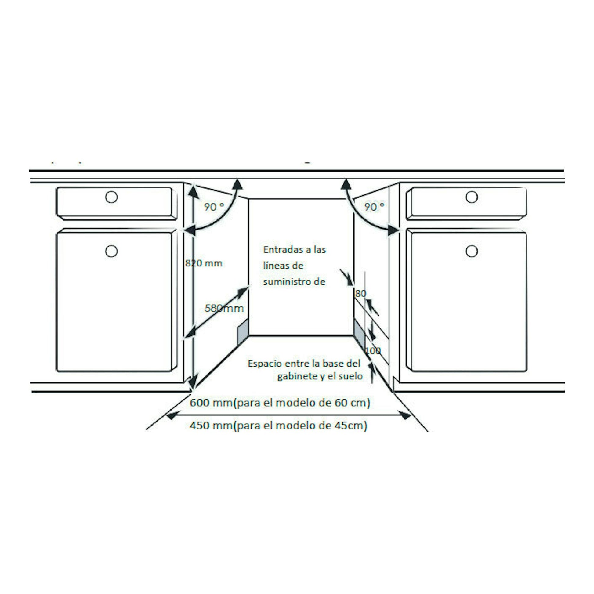 Diagrama técnico de instalación de lavavajillas bajo encimera, con medidas de 450 y 600 mm y ángulos de 90°.