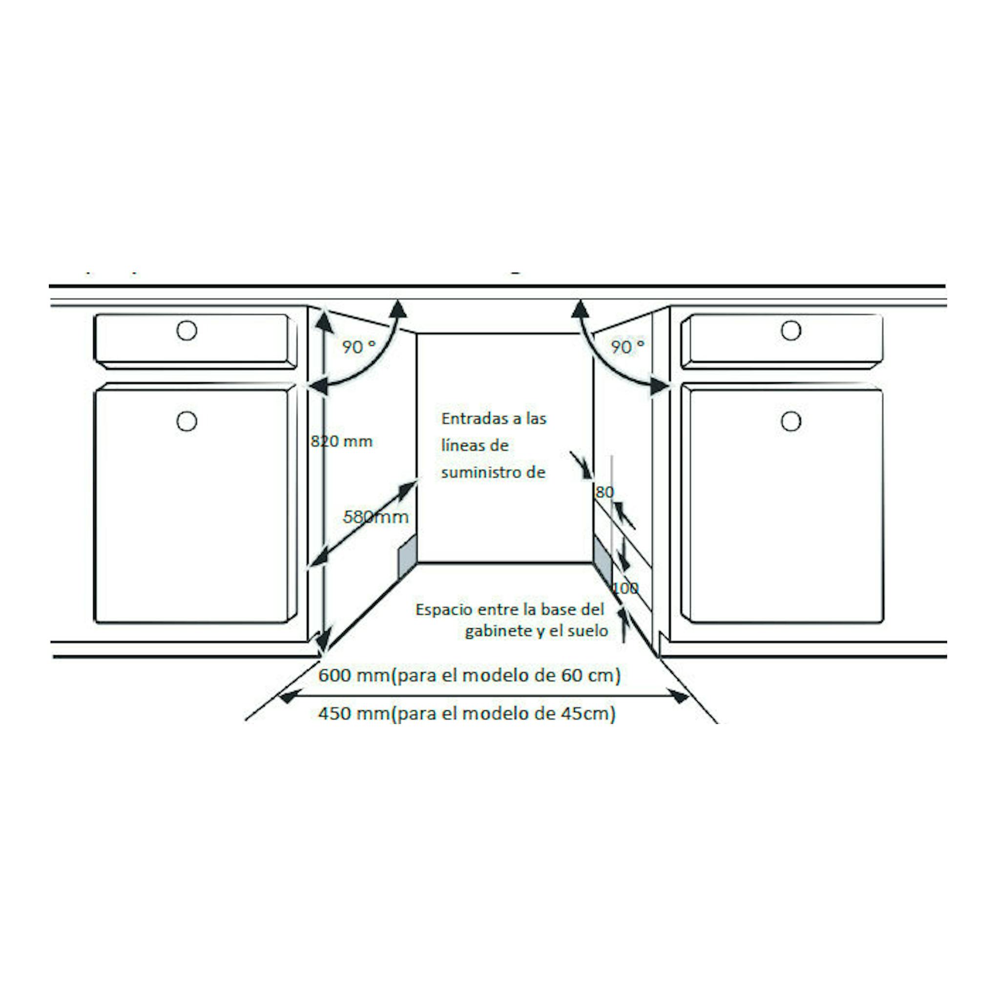 Diagrama técnico de instalación de lavavajillas bajo encimera, con medidas de 450 y 600 mm y ángulos de 90°.