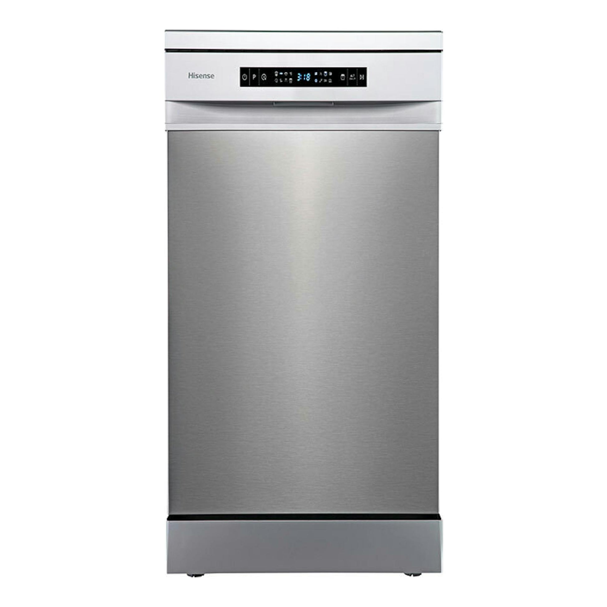 Lavavajillas Hisense HS543D10X de acero inoxidable, vista frontal, con panel digital superior.