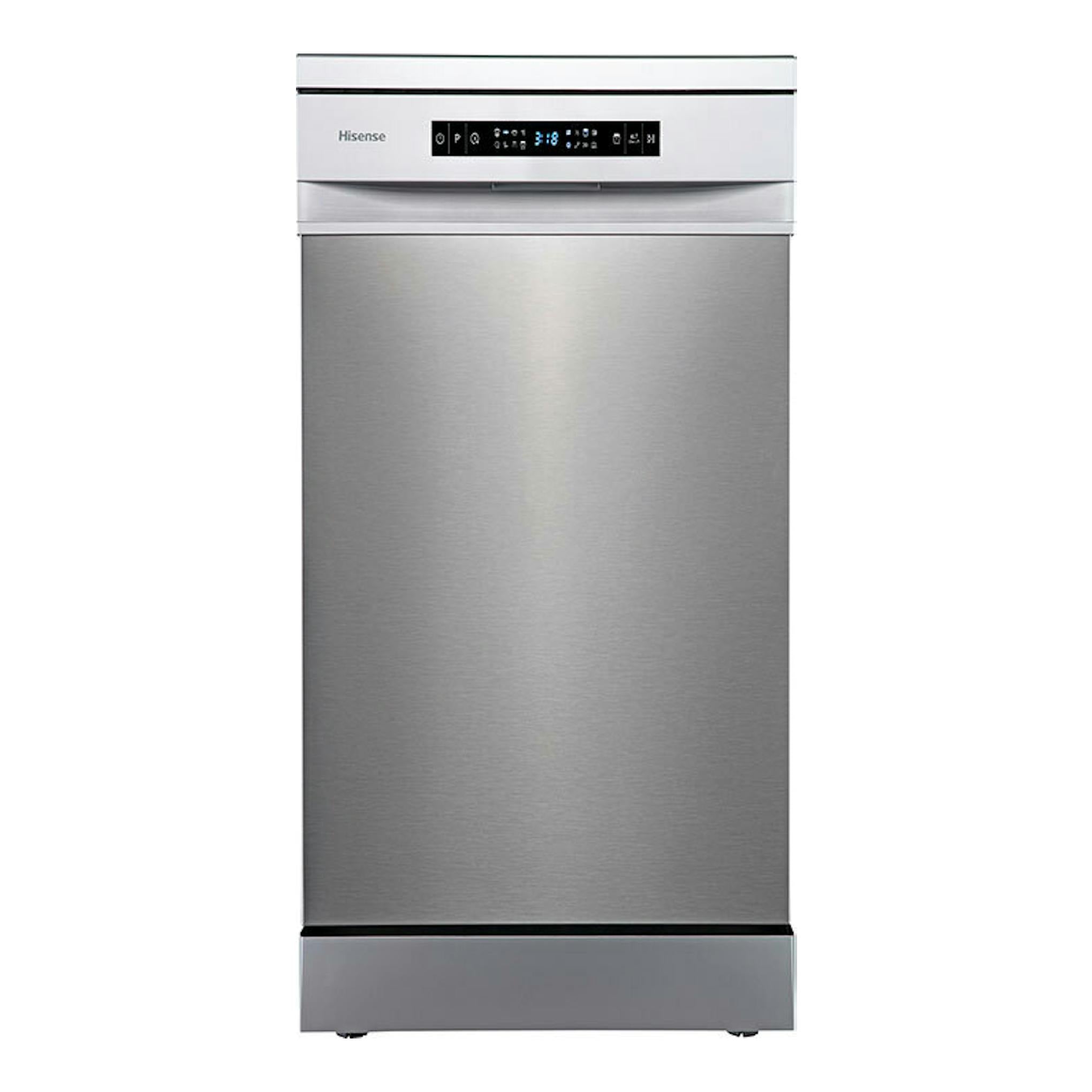 Lavavajillas Hisense HS543D10X de acero inoxidable, vista frontal, con panel digital superior.