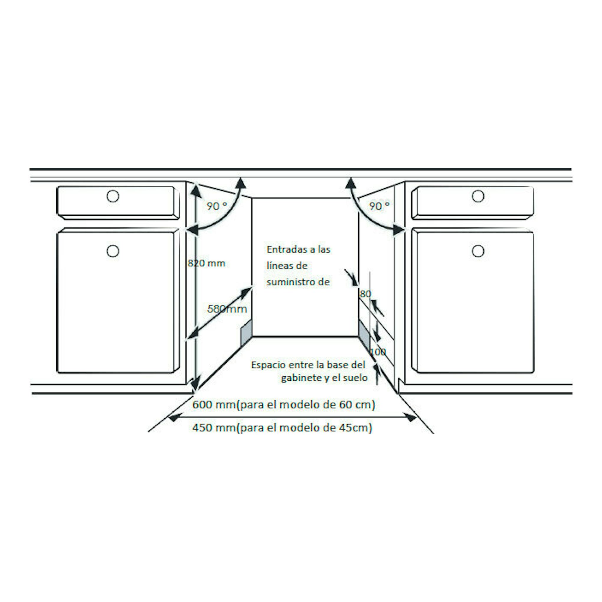 Diagrama de instalación de lavavajillas Hisense HS543D10X, vista frontal con medidas para modelo de 45 cm.