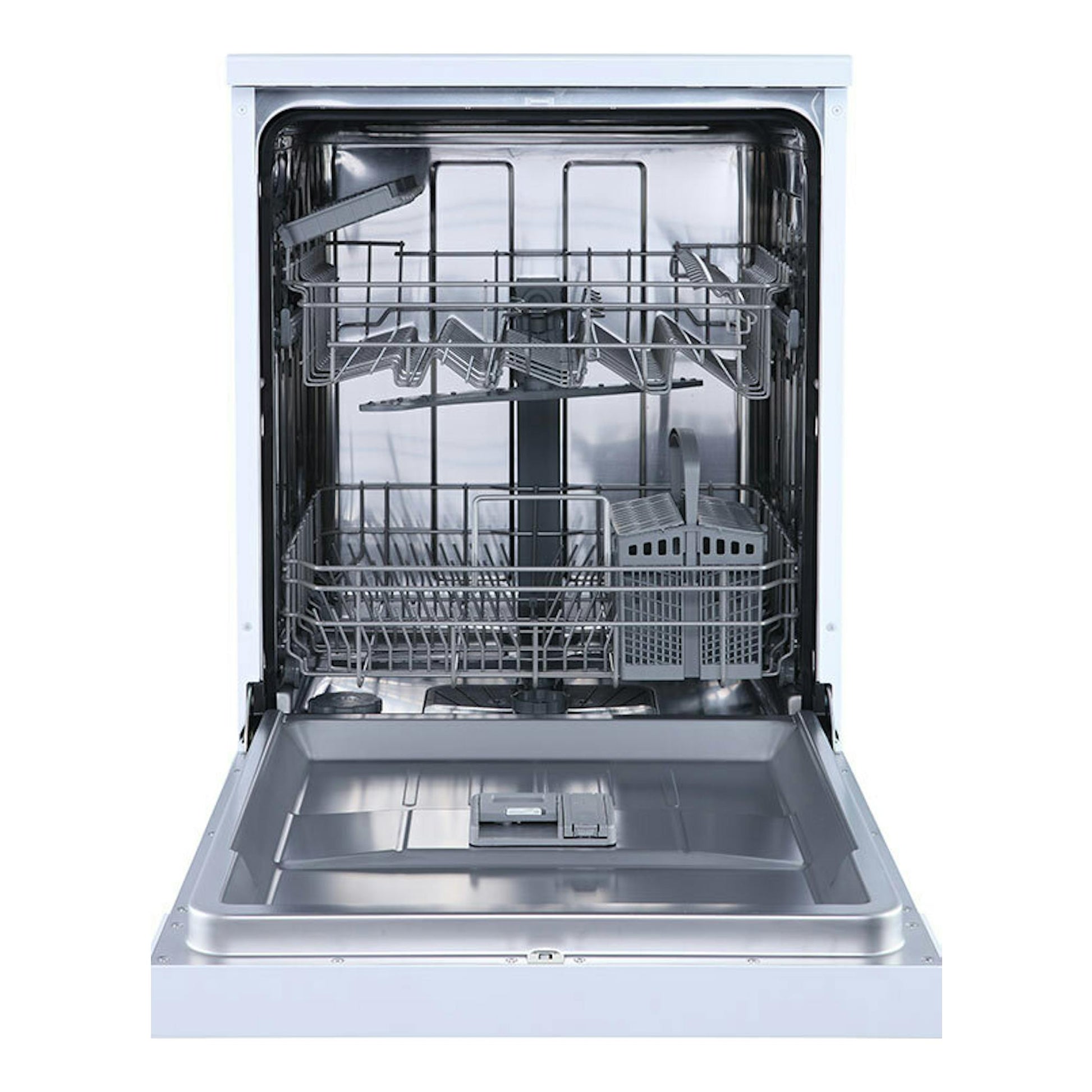 Lavavajillas Hisense HS622E10W blanco, vista frontal abierta con cestas y bandeja interior.