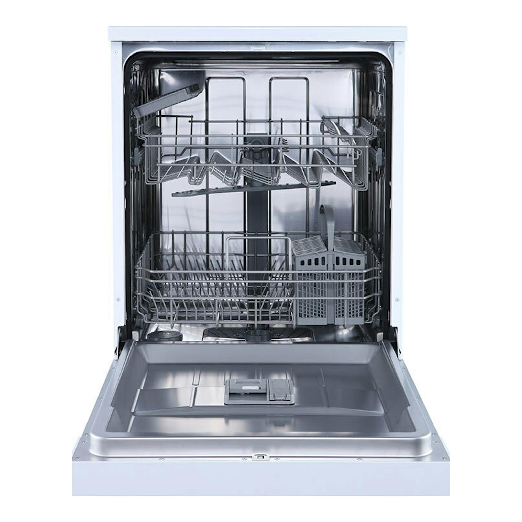 Lavavajillas Hisense HS622E10W blanco, vista frontal abierta con cestas y bandeja interior.