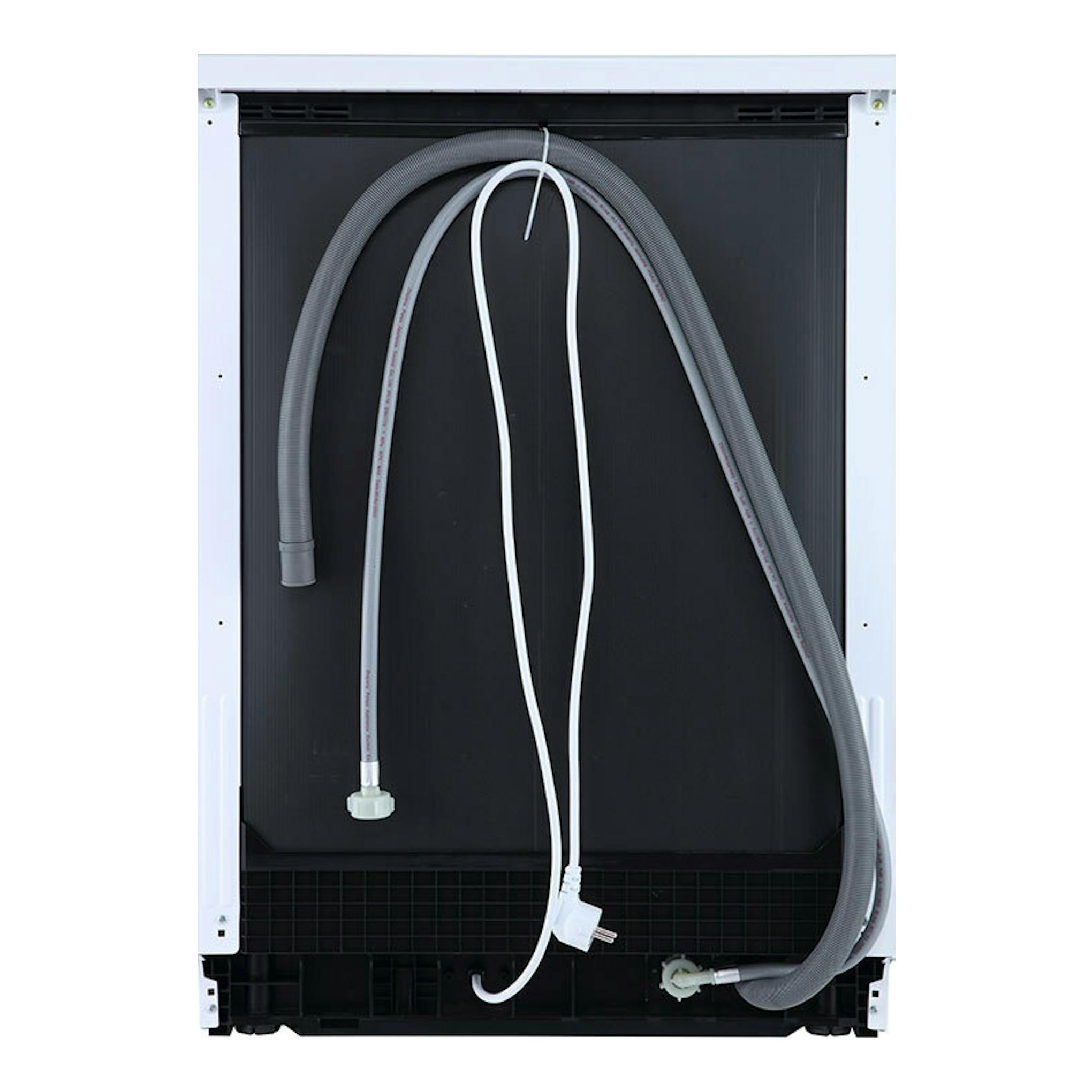Lavavajillas Hisense HS622E10W blanco, vista trasera con mangueras y cable.