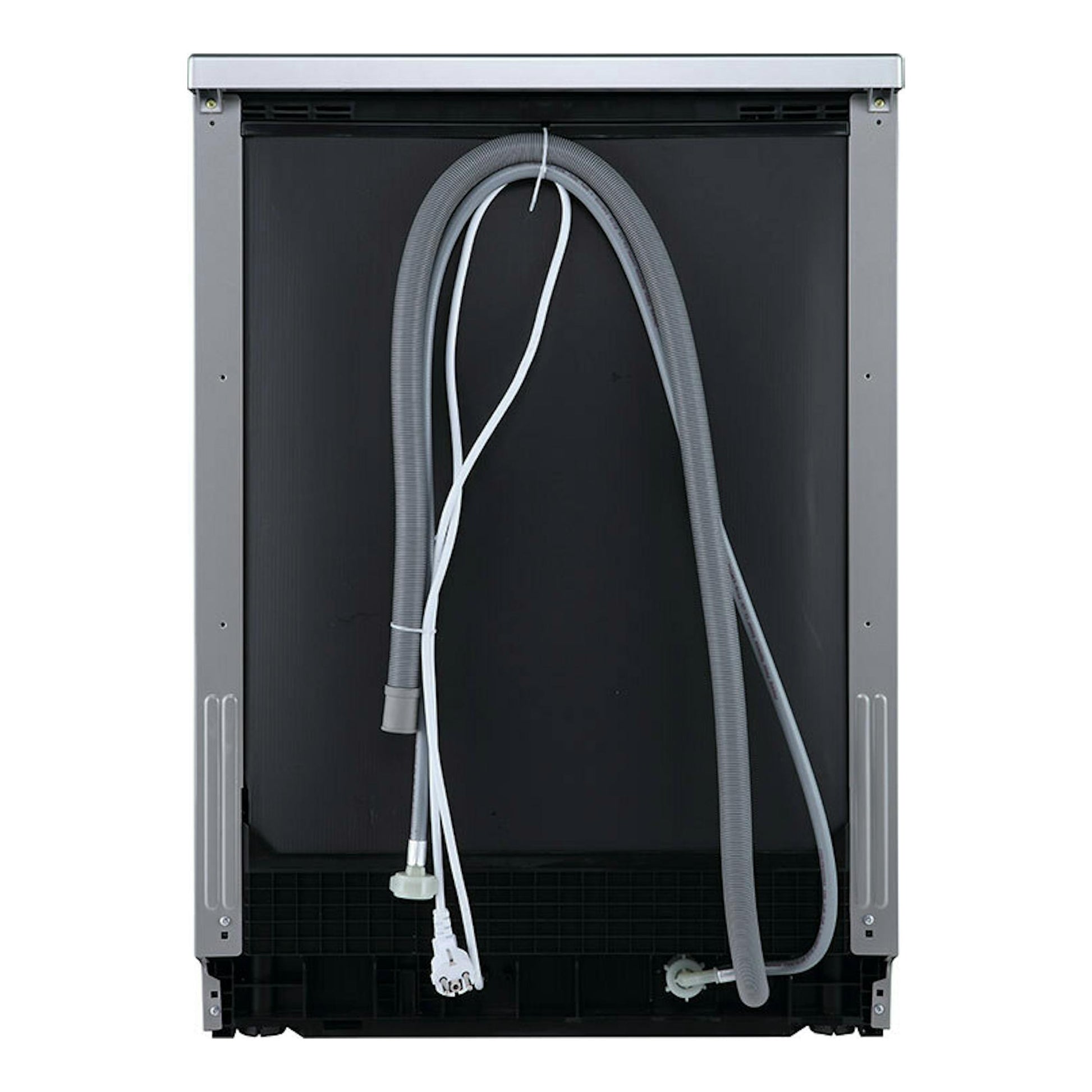 Hisense HS622E10X, vista trasera de lavavajillas empotrable en acero gris con mangueras y cables visibles.