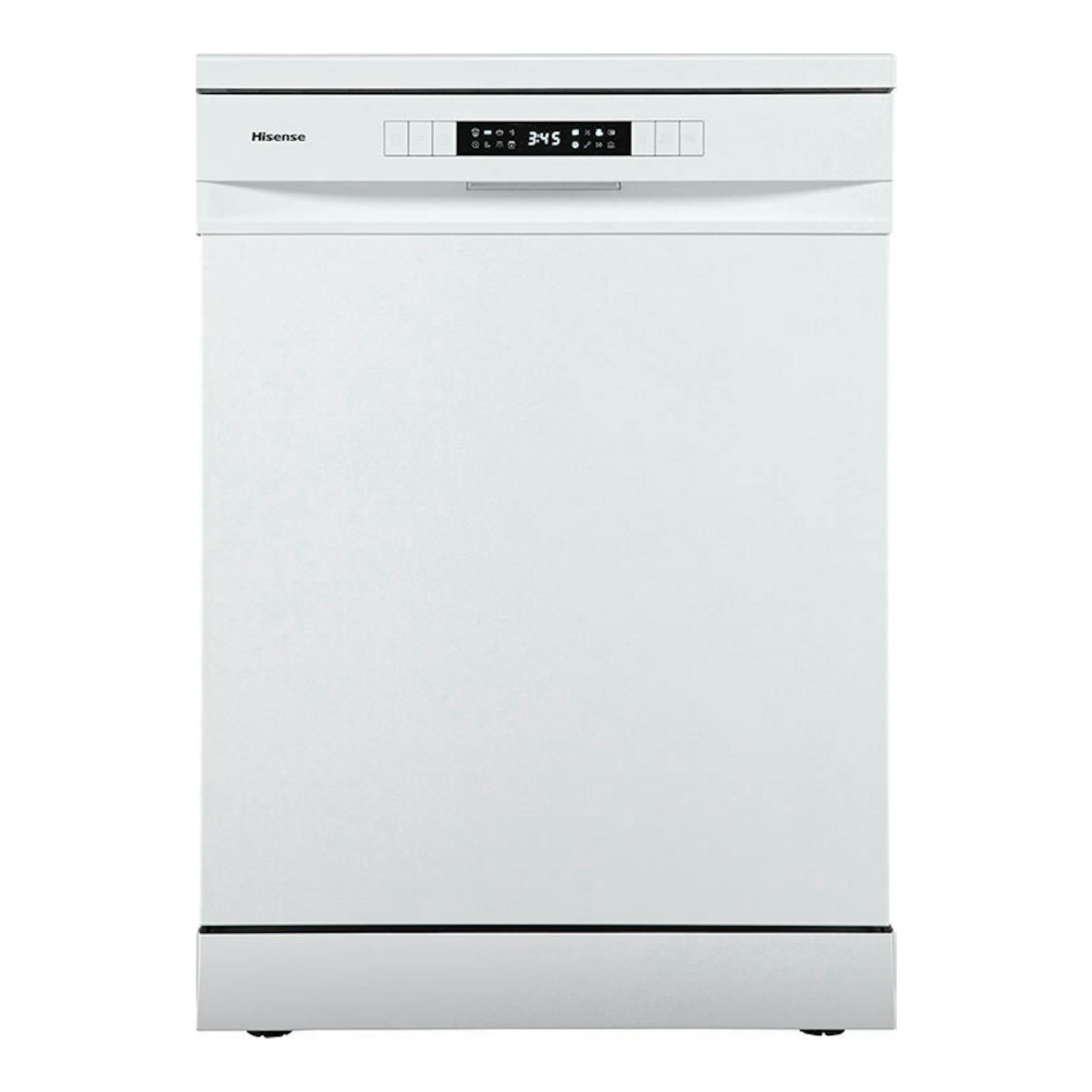 Lavavajillas Hisense HS623D10W blanco, vista frontal, con panel de control superior.