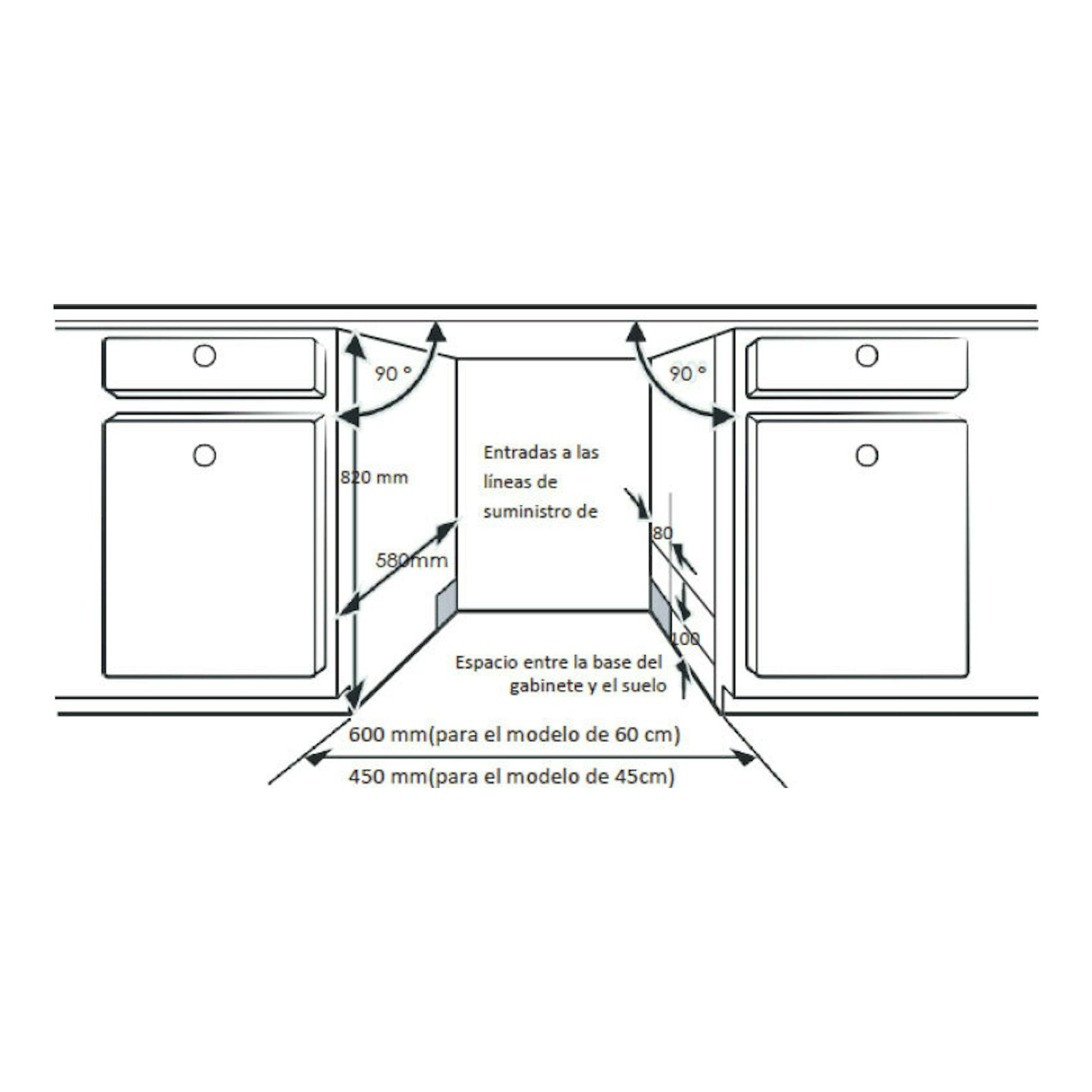Diagrama de instalación de lavavajillas Hisense HS623D10W, vista frontal en blanco y negro, con medidas de gabinete.