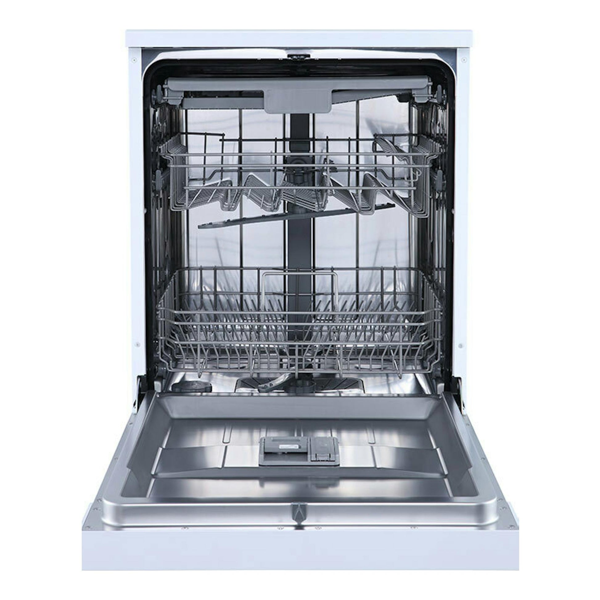 Lavavajillas Hisense HS623D10W de 60 cm, vista frontal abierta del interior en color blanco y gris.