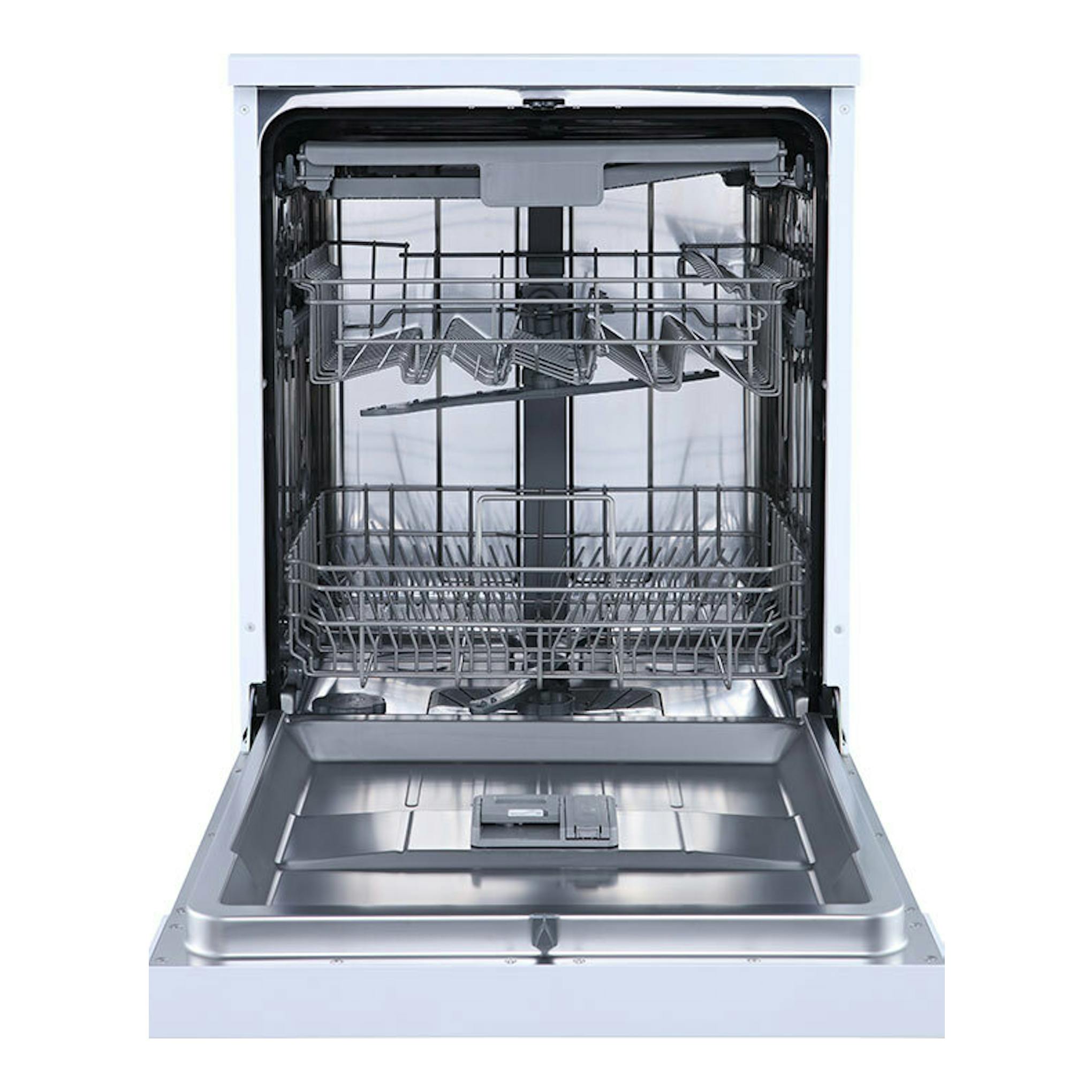 Lavavajillas Hisense HS623D10W de 60 cm, vista frontal abierta del interior en color blanco y gris.