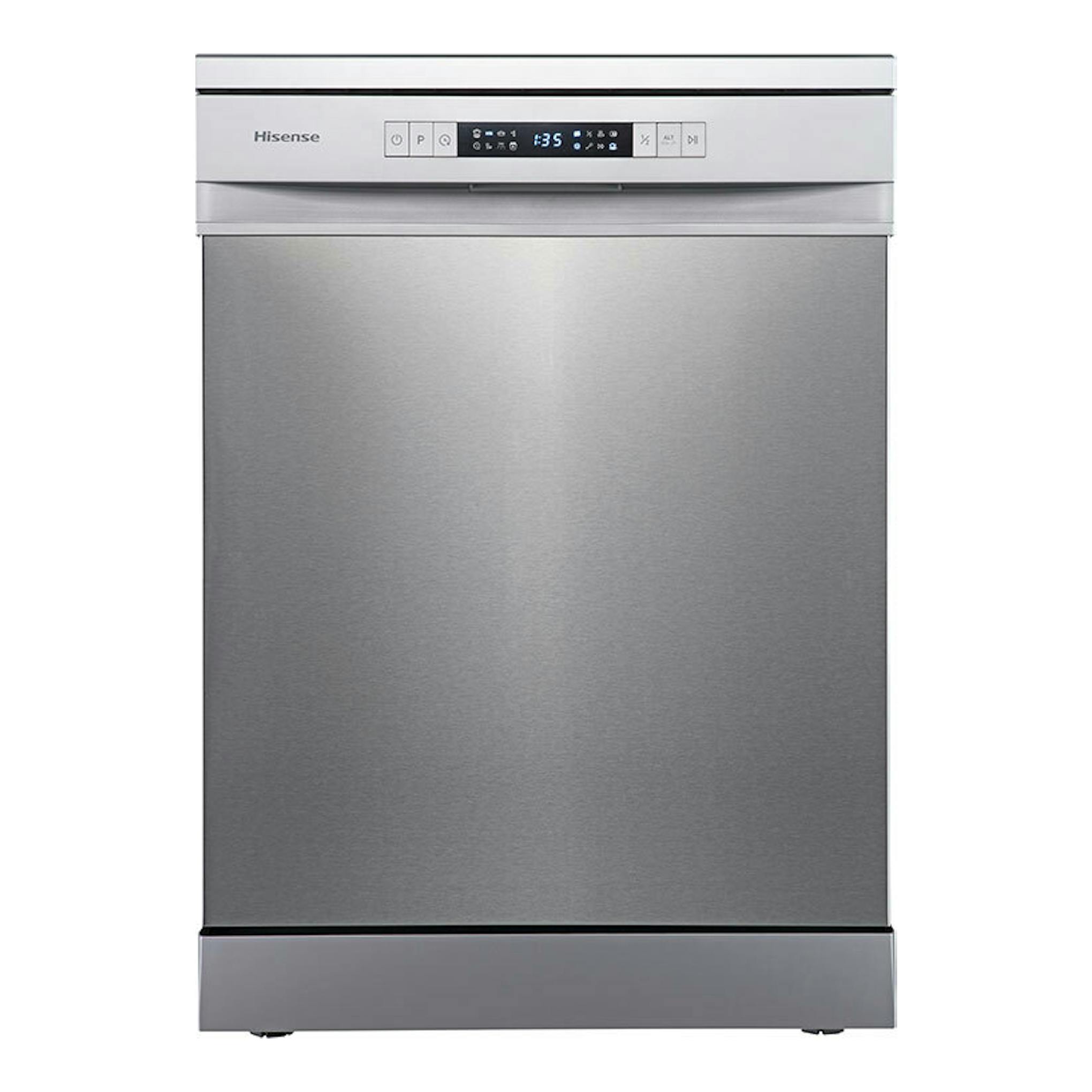 Lavavajillas Hisense HS623D10X de acero inoxidable, vista frontal, con panel de control superior.