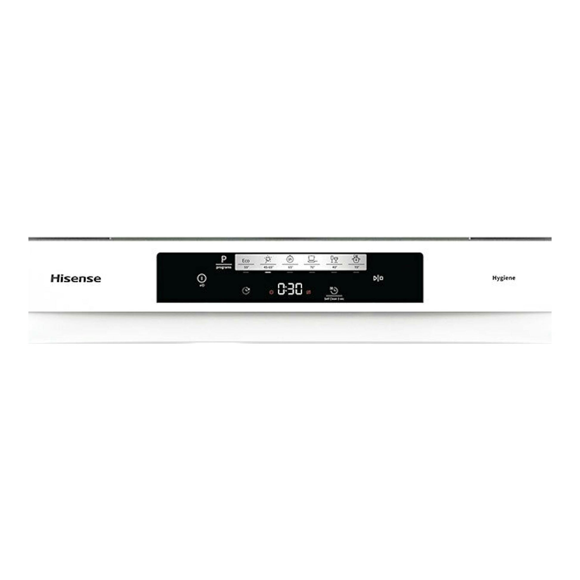 Lavavajillas Hisense HS642C60W blanco, vista frontal con panel de control negro central.