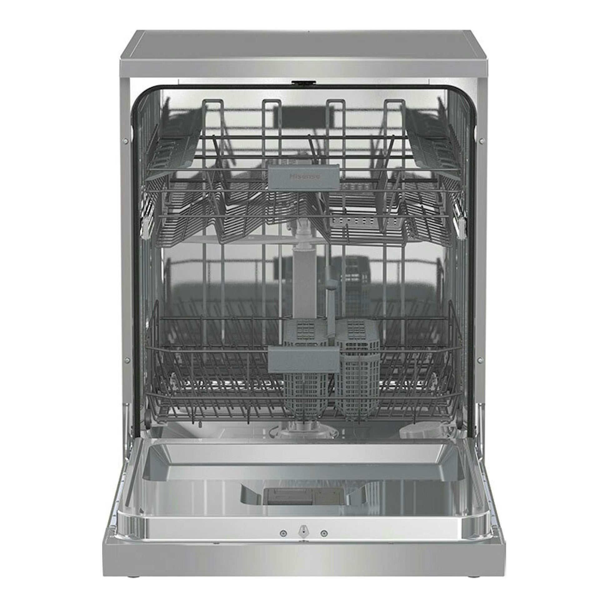 Lavavajillas Hisense HS642C60X de acero inoxidable, vista frontal abierta con cestas interiores.