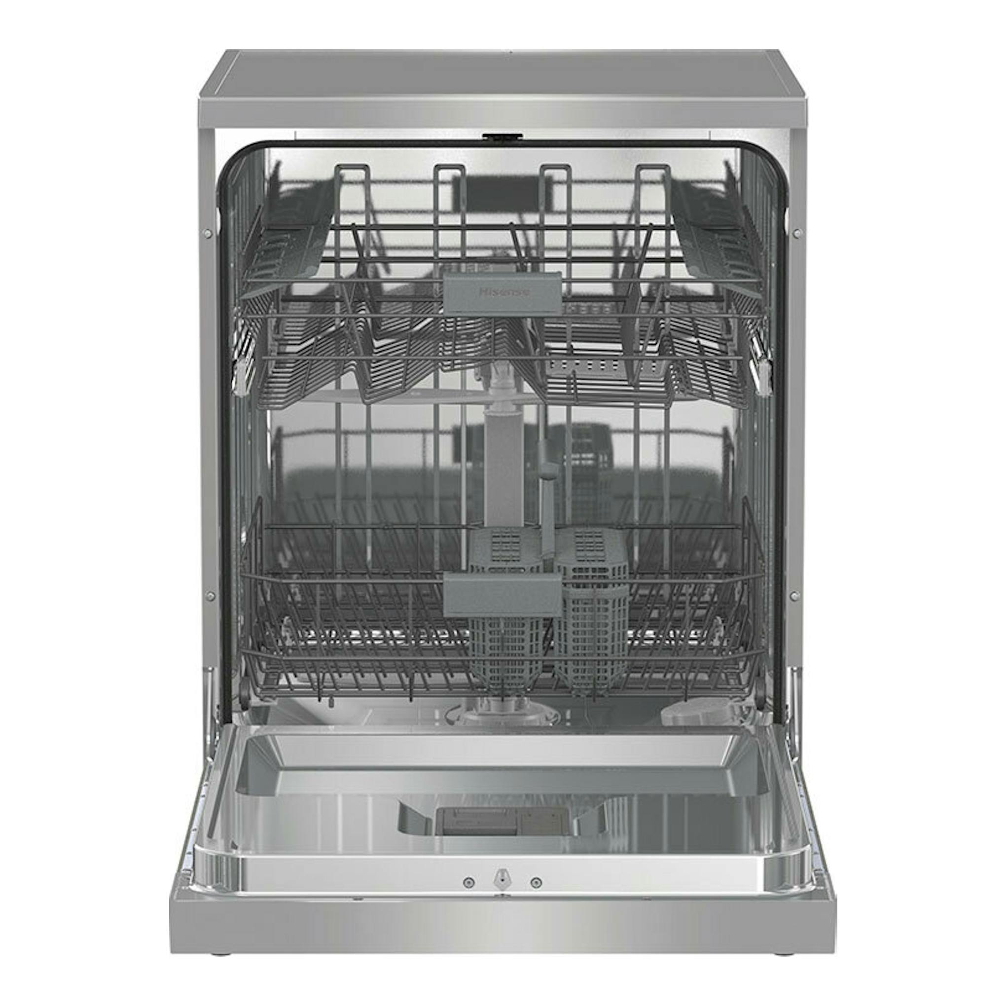 Lavavajillas Hisense HS642C60X de acero inoxidable, vista frontal abierta con cestas interiores.