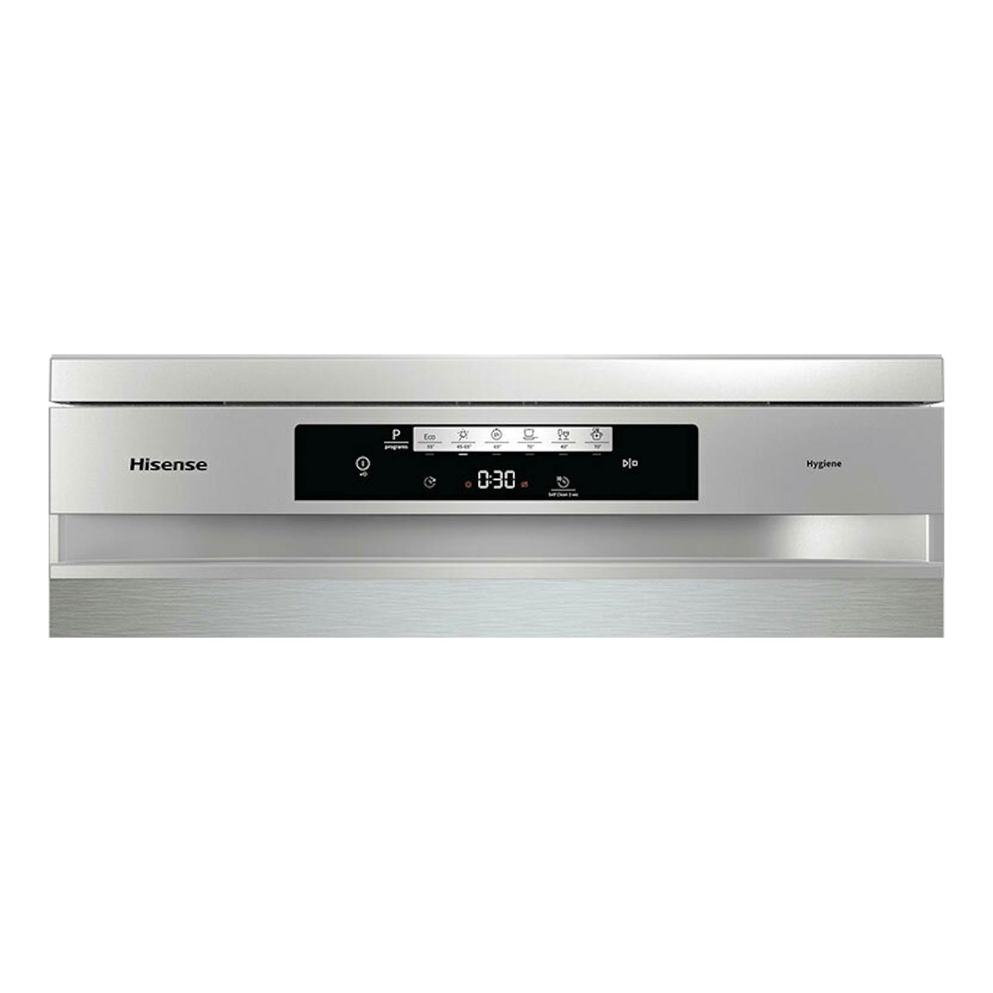Lavavajillas Hisense HS642C60X de acero inoxidable, vista frontal, con panel negro central.