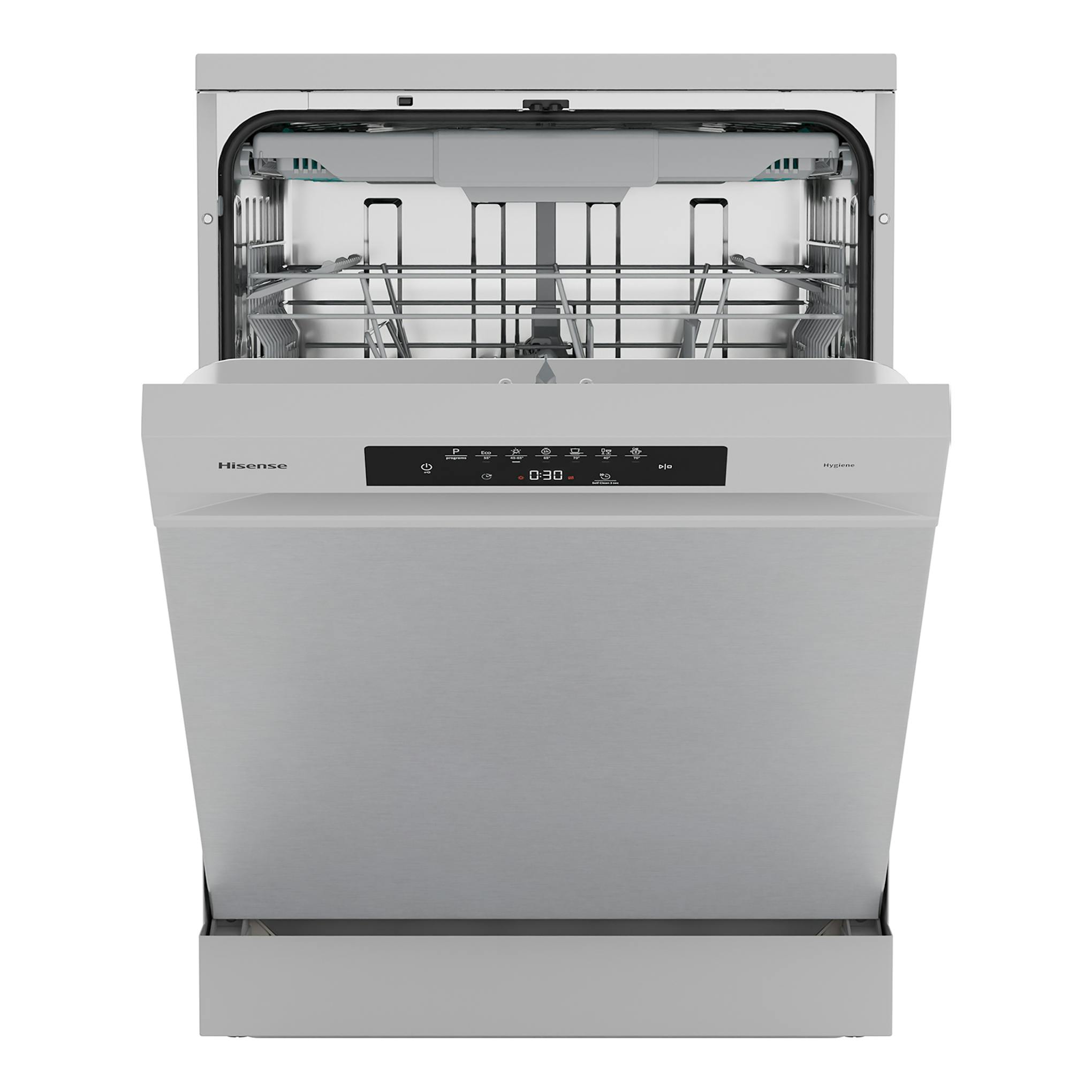 Lavavajillas Hisense HS643B90X inox, vista frontal con la puerta abierta y el interior visible.