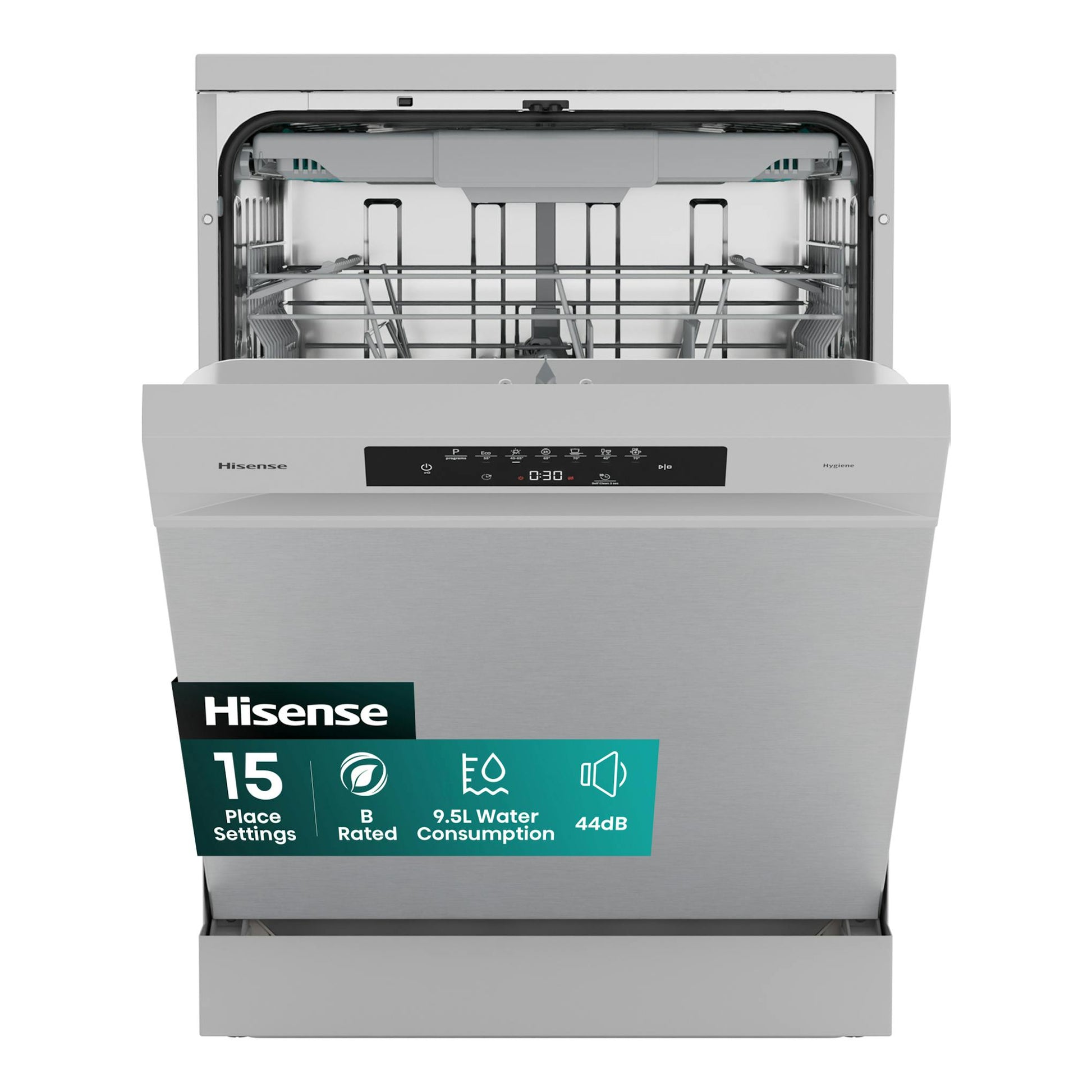 Lavavajillas Hisense HS643B90X en inox, vista frontal con la puerta abierta y el interior visible.