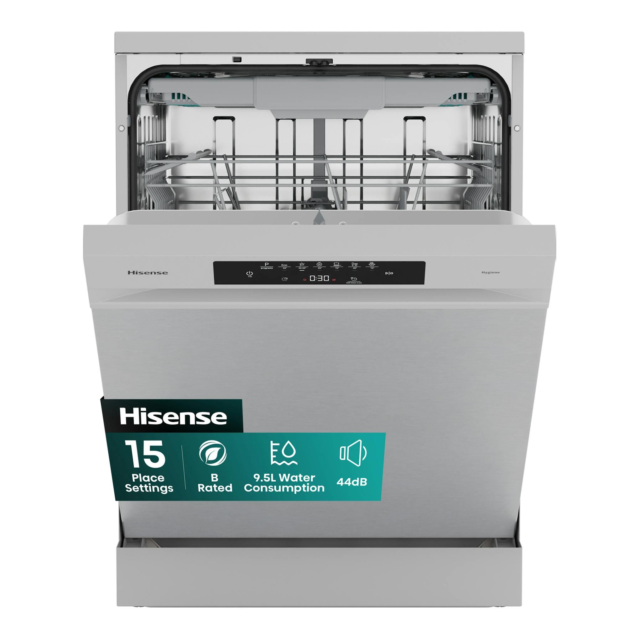 Lavavajillas Hisense HS643B90X en inox, vista frontal con la puerta abierta y el interior visible.