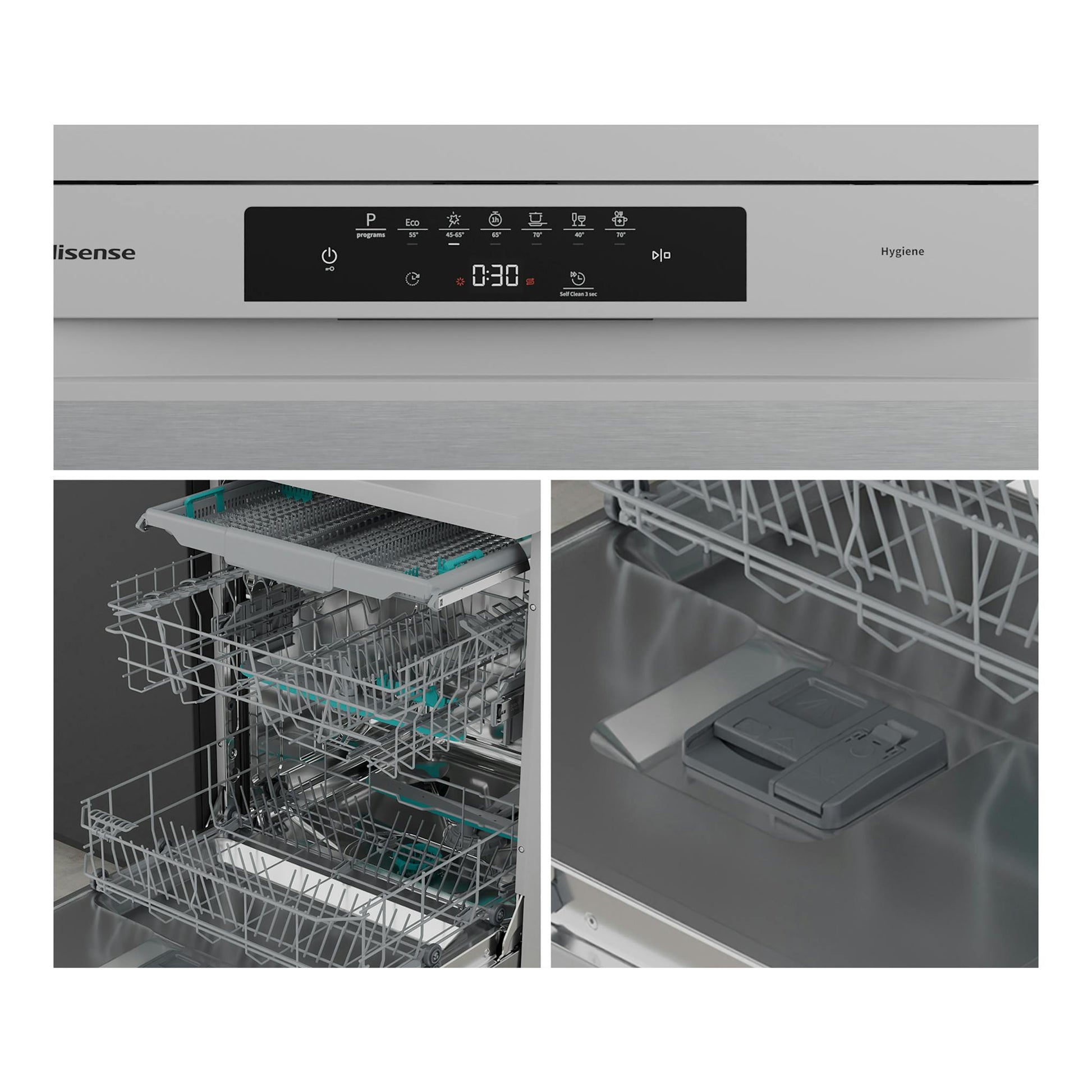 Lavavajillas Hisense HS643B90X inox, vista frontal con panel digital y cesta interior abierta.