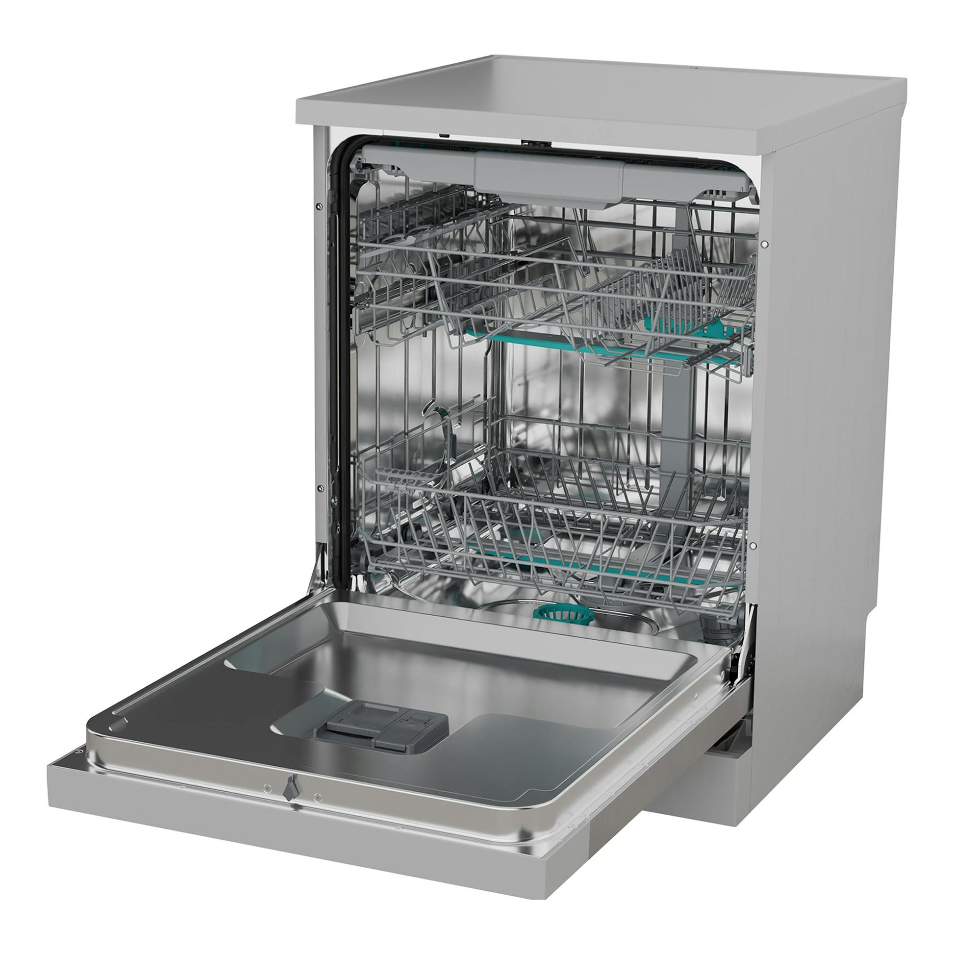 Lavavajillas Hisense HS643B90X inox, de libre instalación, con puerta abierta y cestas visibles.