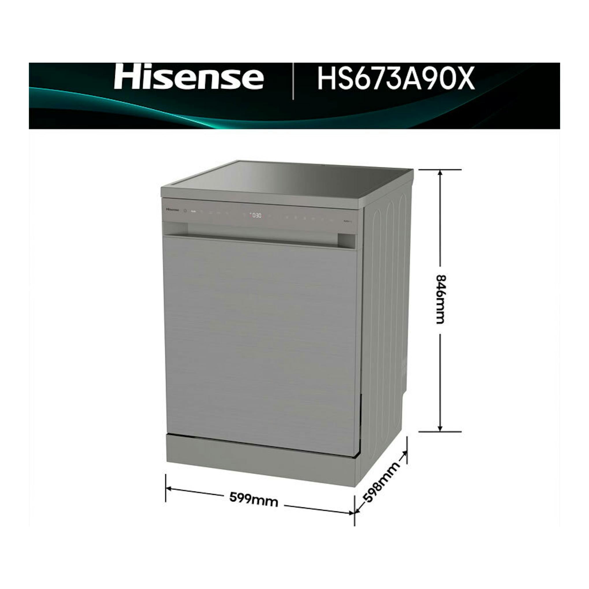 Lavavajillas Hisense HS673A90X en acero inoxidable, vista frontal en ángulo, con medidas 599 x 598 x 846 mm.