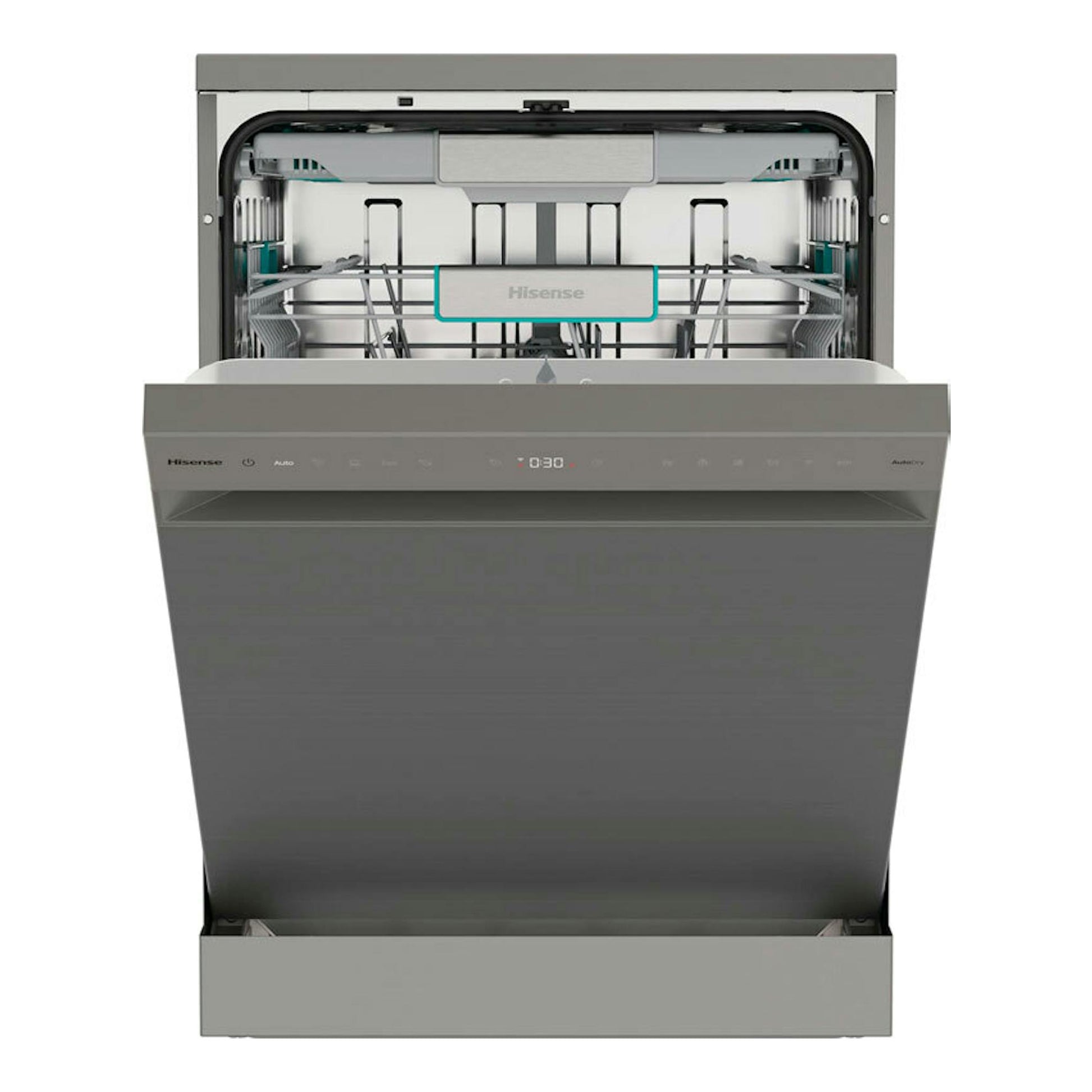 Lavavajillas Hisense HS673A90X gris, vista frontal con la puerta abatida y el interior abierto.