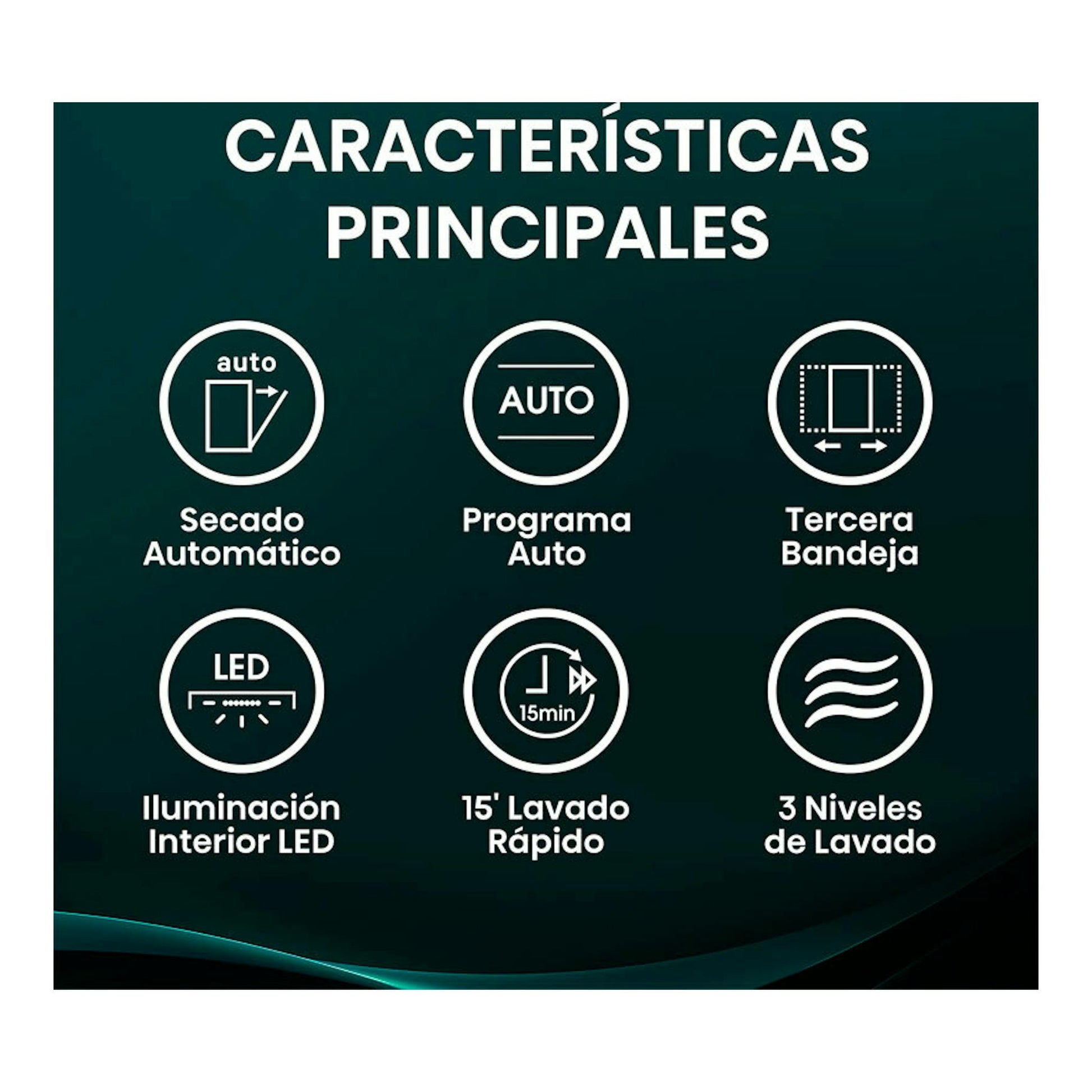 Infografía frontal del lavavajillas Hisense HS673A90X, sobre fondo verde oscuro, con iconos de funciones.