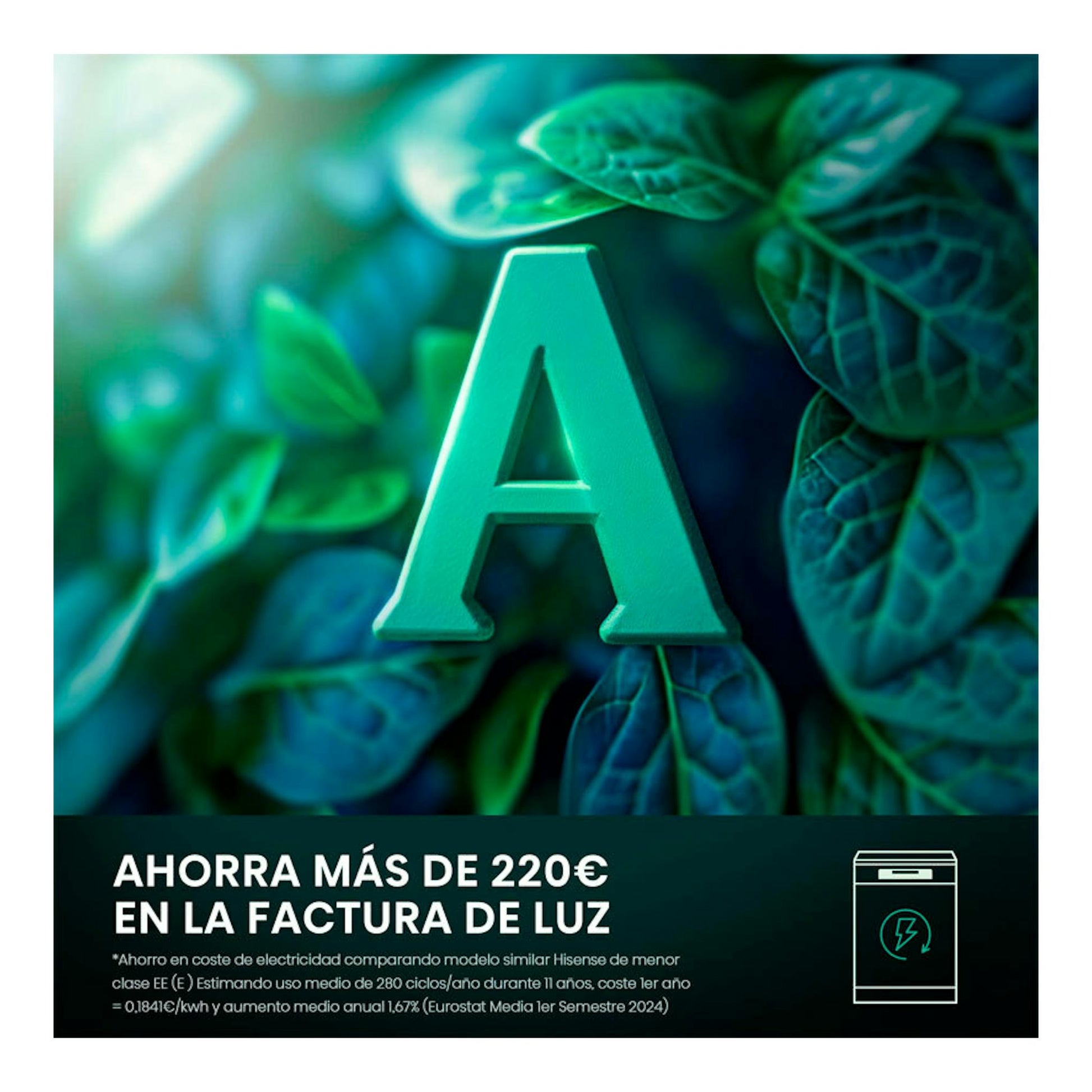 Hisense HS673A90X: gráfico verde con letra A, hojas, texto de ahorro y icono de lavavajillas.