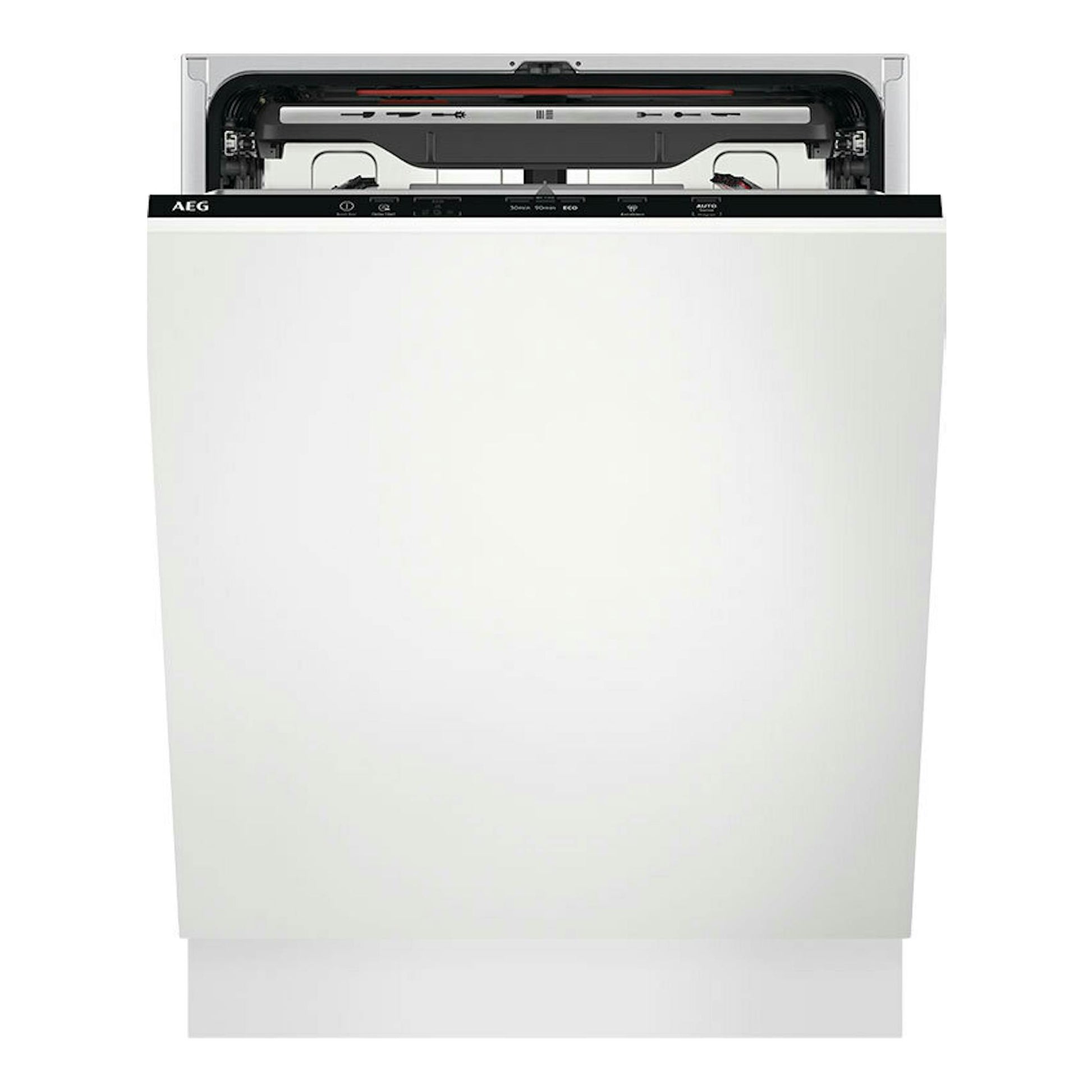 Lavavajillas integrable AEG FSE7572AP blanco, vista frontal con la puerta cerrada y panel superior abierto.