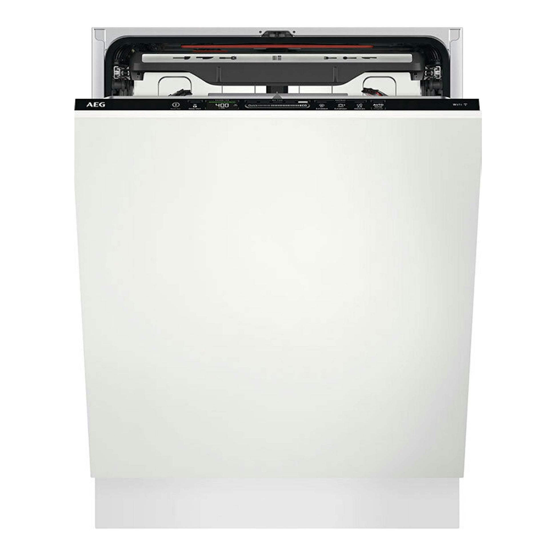 Lavavajillas integrable AEG FSE77728P blanco, vista frontal con puerta abatida y panel superior visible.