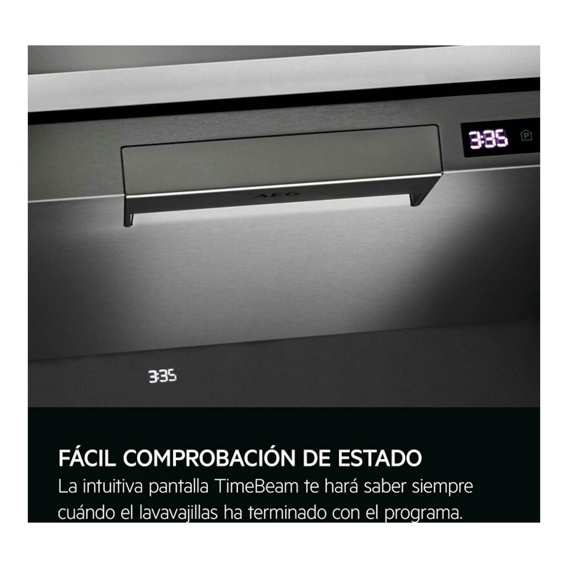 Lavavajillas integrable AEG FSE77728P, vista frontal en acero inoxidable, con display digital.